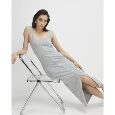Grey Sleeveless Ribbed Button Midi Dress