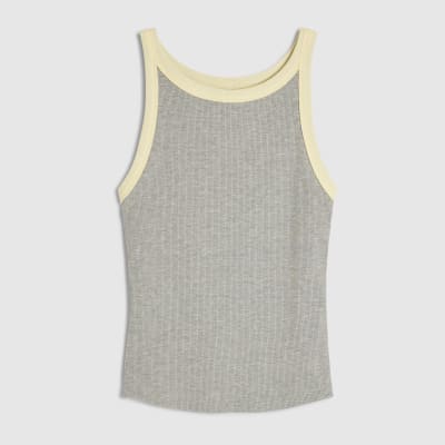 Grey Sleeveless Ribbed Tipped Tank Top