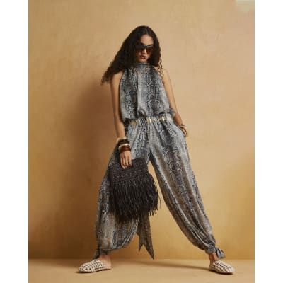 Grey Snake Chiffon Balloon Trousers