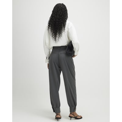 Grey Tailored Barrel Leg Trousers