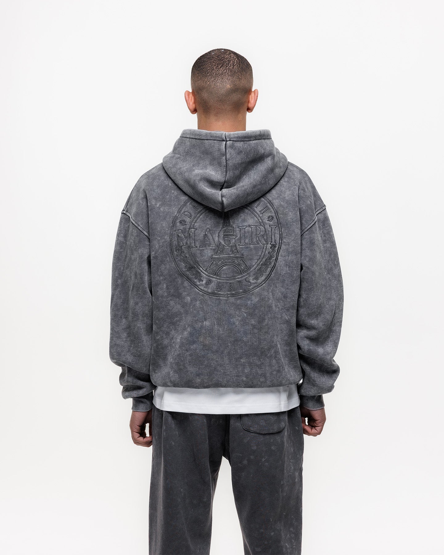 Magiri Embroidered Acid Wash Hoodie & Jogger Tracksuit in Washed Grey