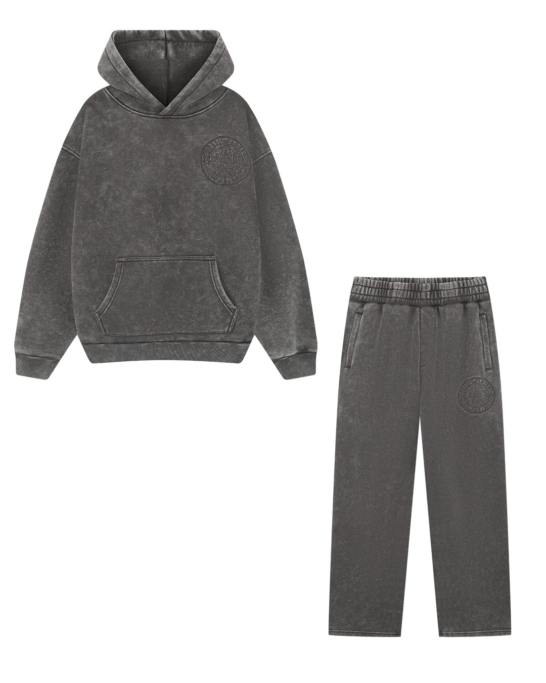 Magiri Embroidered Acid Wash Hoodie & Jogger Tracksuit in Washed Grey