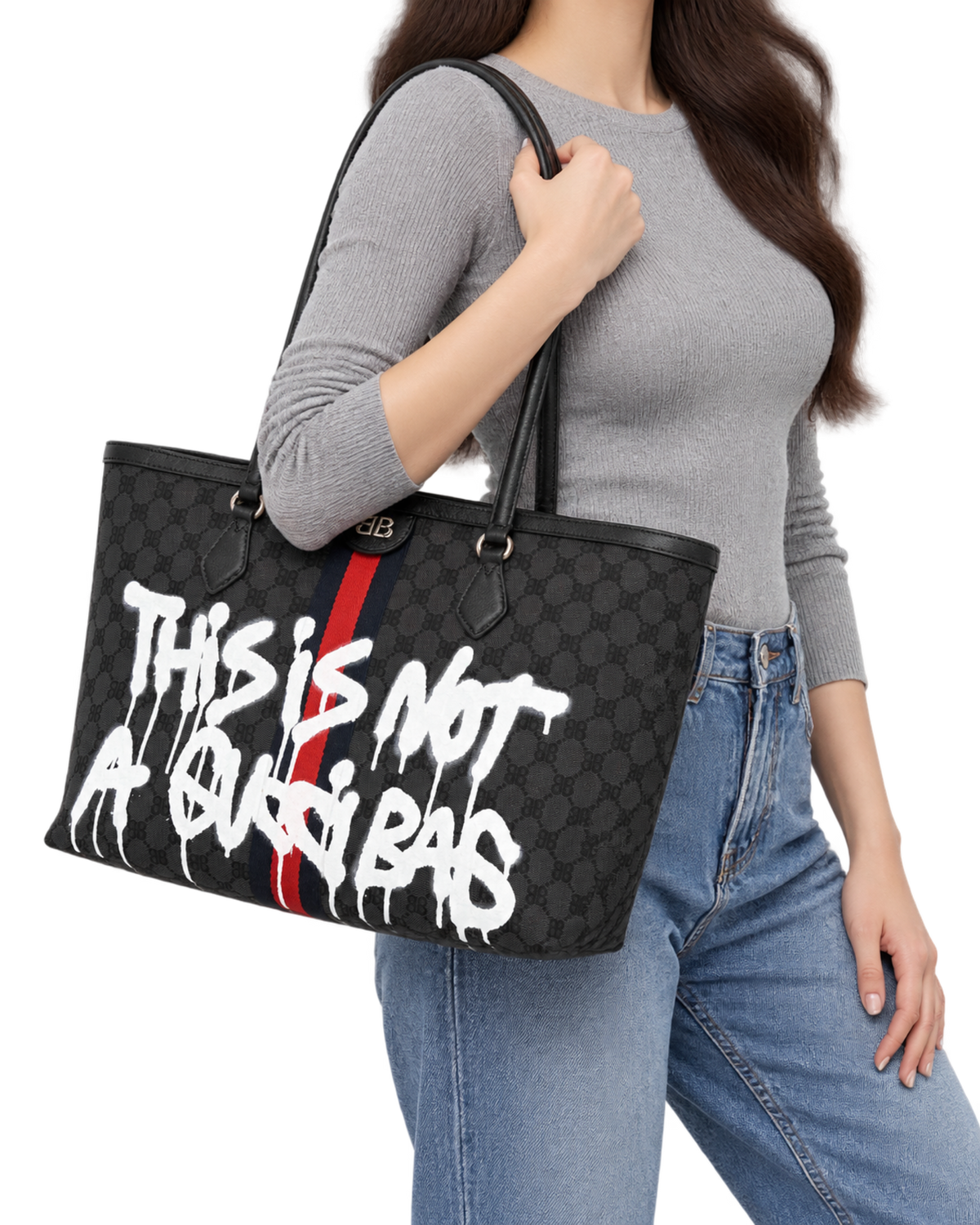 Gucci X BALENCIAGA BB Monogram Web Graffiti Medium Ophidia Shopping Tote Beige New Acero