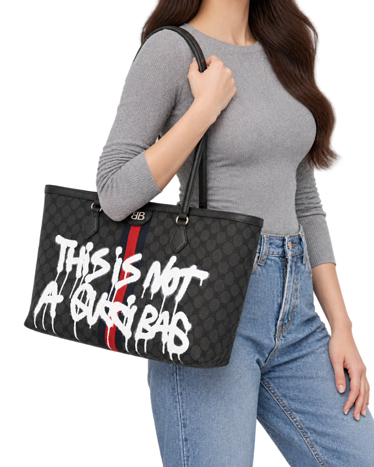 Gucci X BALENCIAGA BB Monogram Web Graffiti Medium Ophidia Shopping Tote Beige New Acero