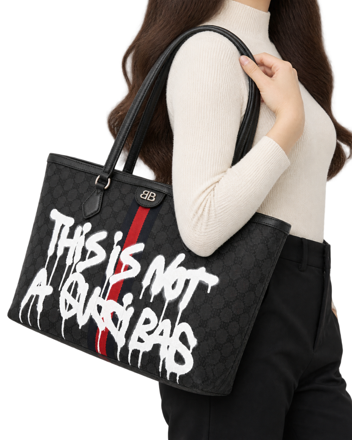 Gucci X BALENCIAGA BB Monogram Web Graffiti Medium Ophidia Shopping Tote Beige New Acero