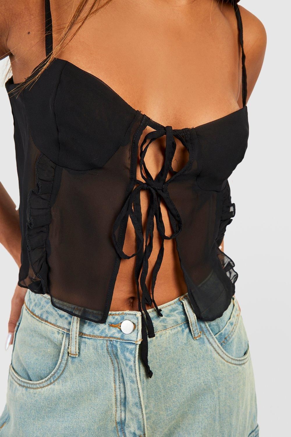 Strappy Lace Trim Tie Detail Cropped Cami Top