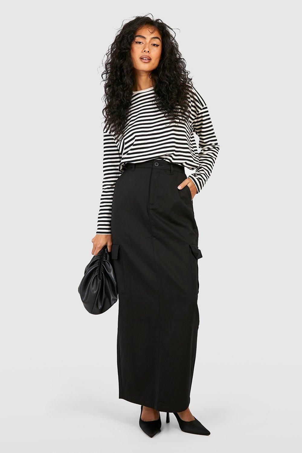 High Waisted Twill Cargo Midaxi Skirt