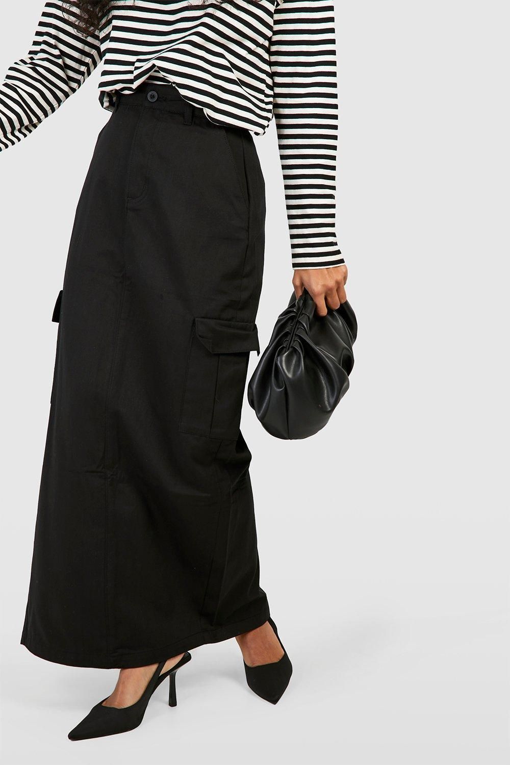 High Waisted Twill Cargo Midaxi Skirt