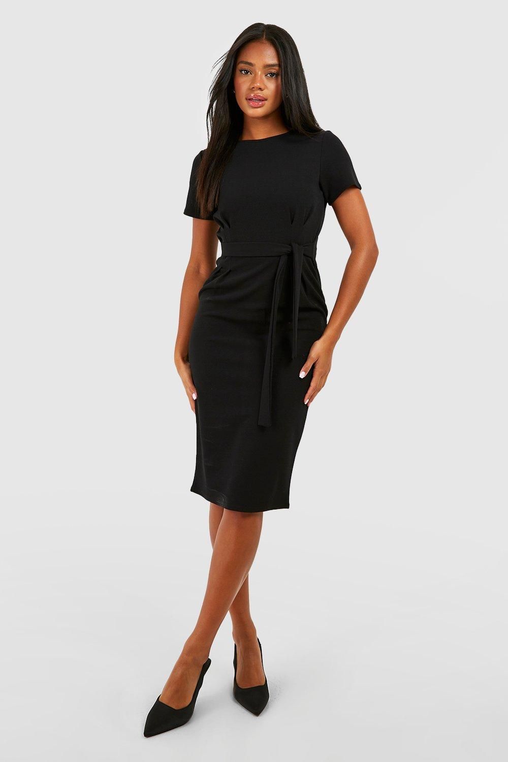 Jersey Crepe Pleat Front Belted Midi Dress
