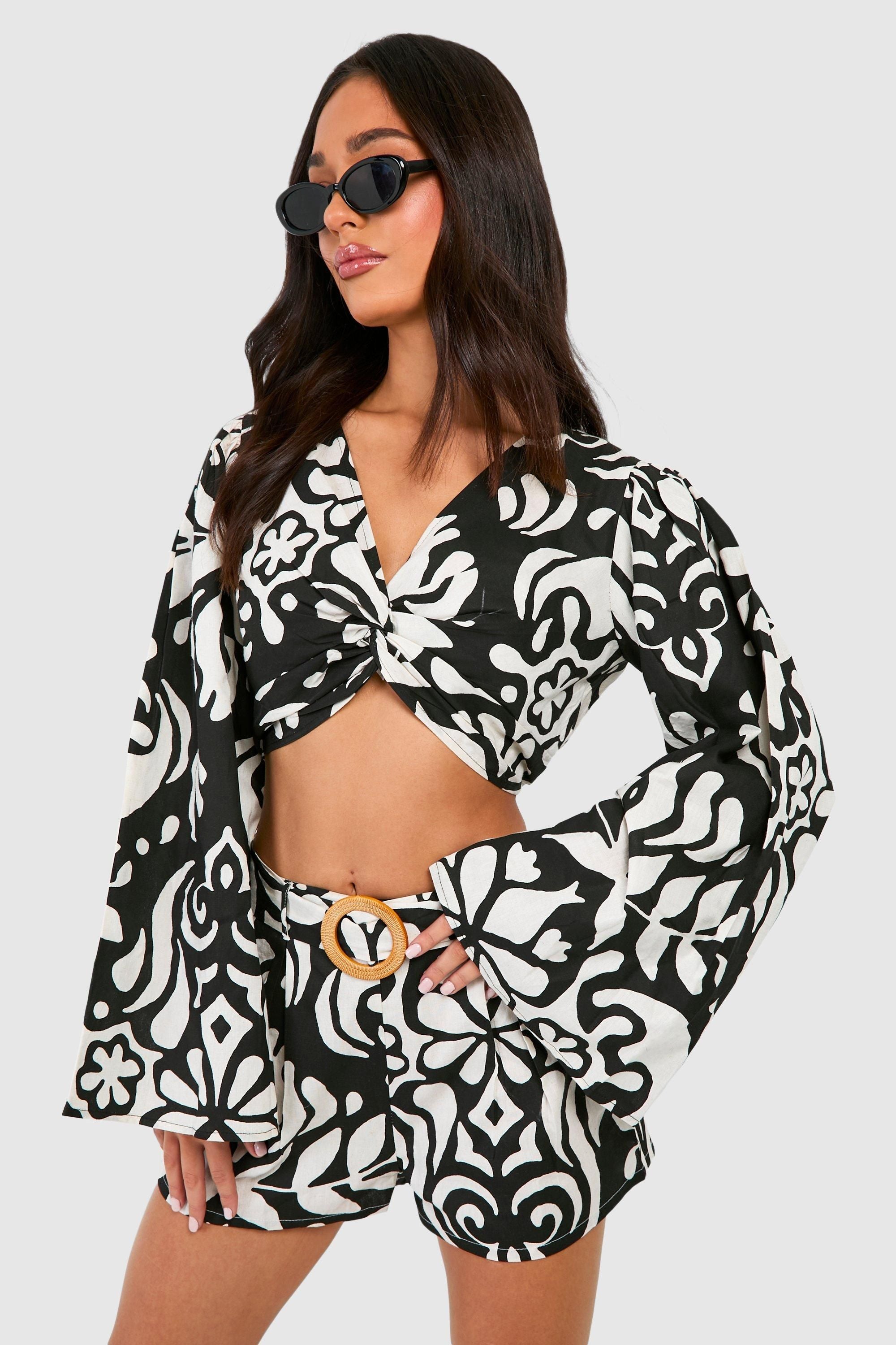 Petite Mono Print Linen Look Belted Short