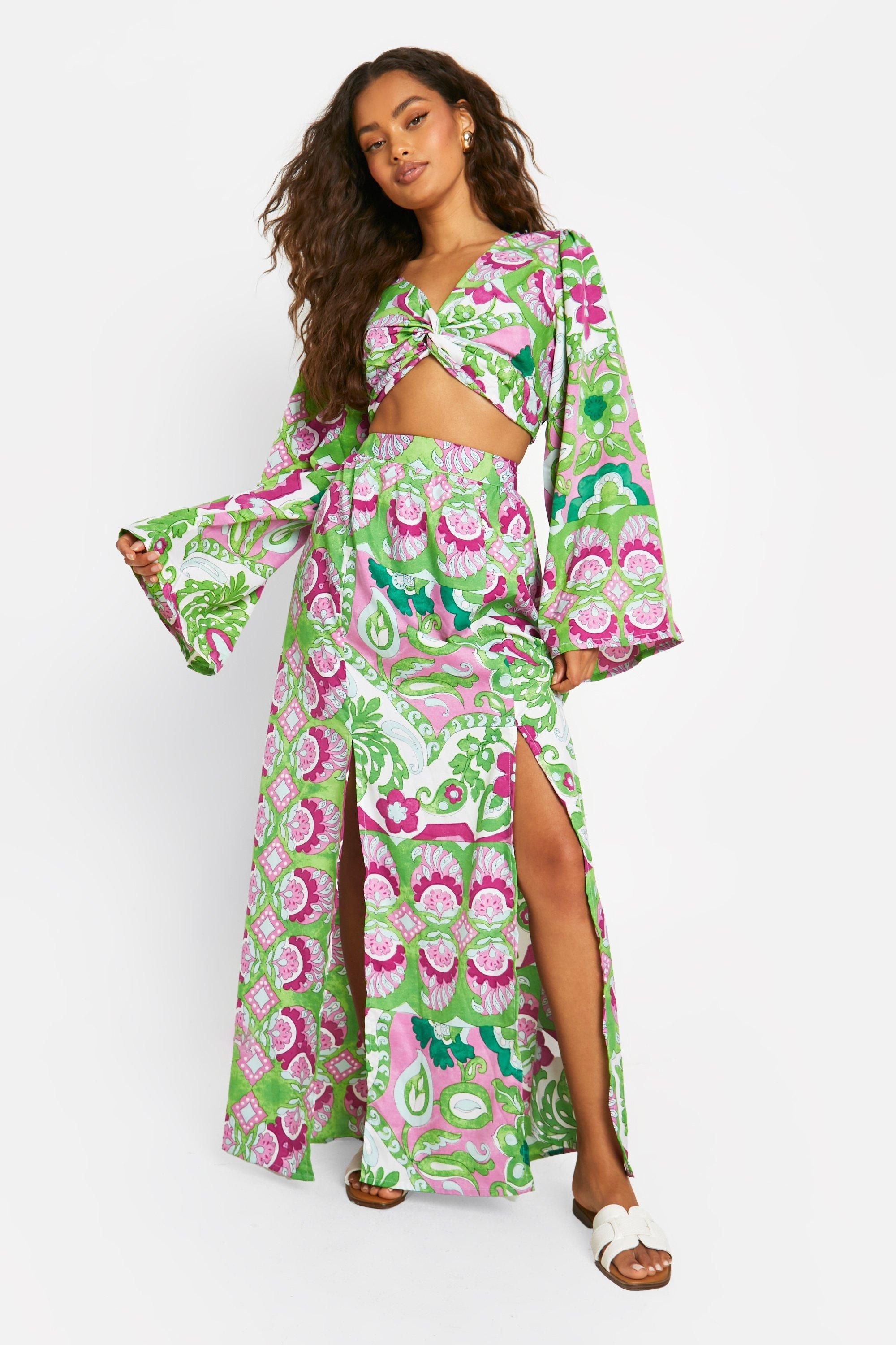 Mixed Print Split Front Maxi Skirt