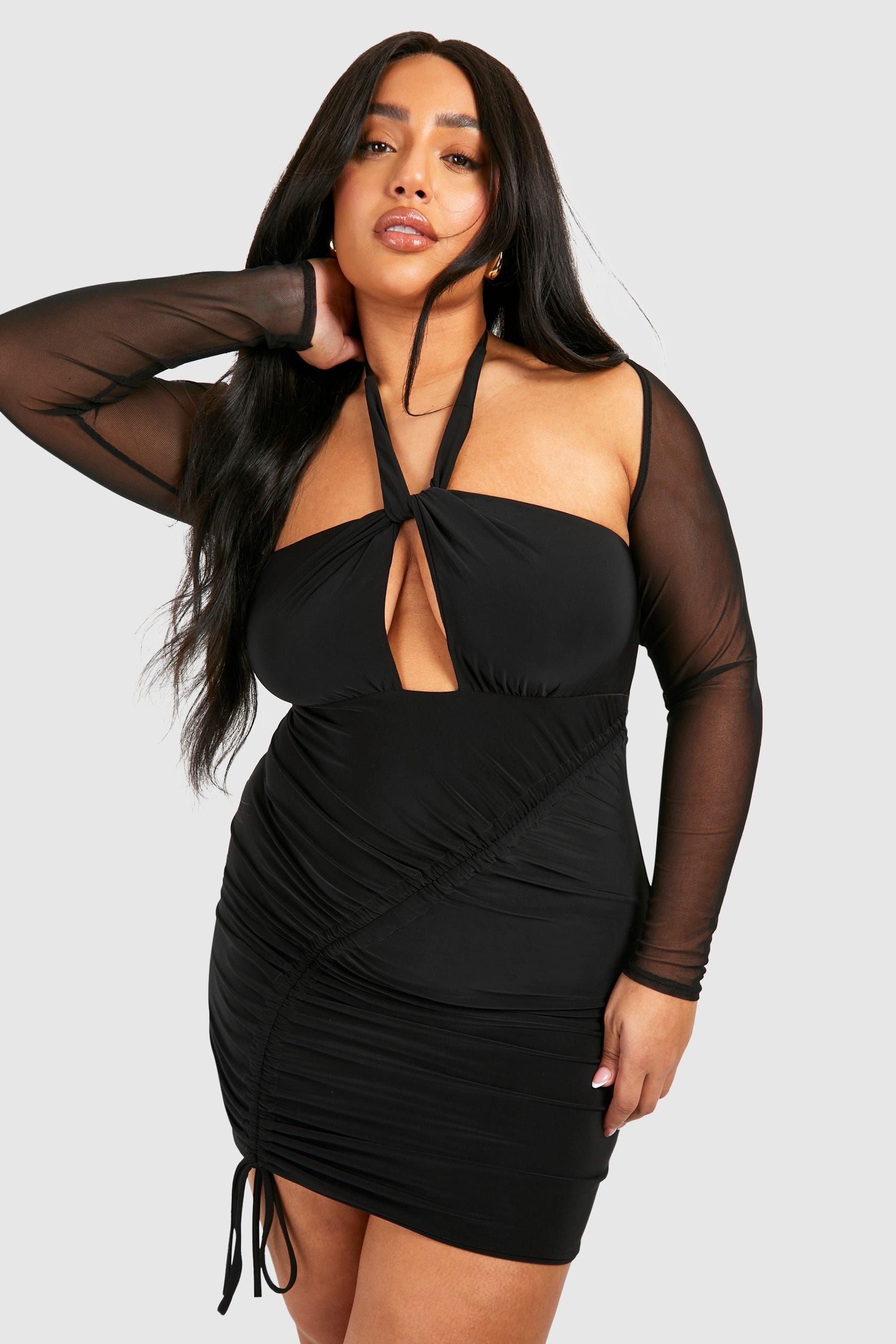 Plus Mesh Sleeve Double Slinky Bodycon Dress