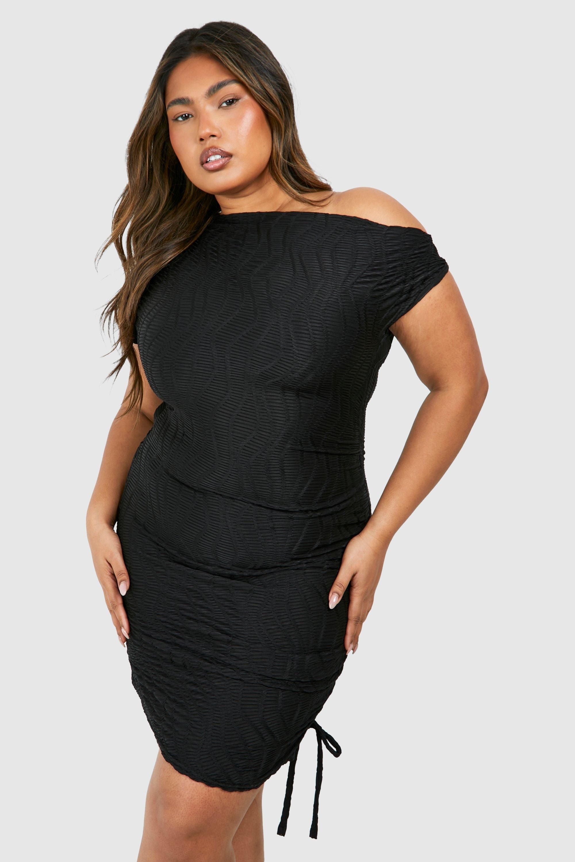 Plus Slash Neck Textured Rib Mini Dress