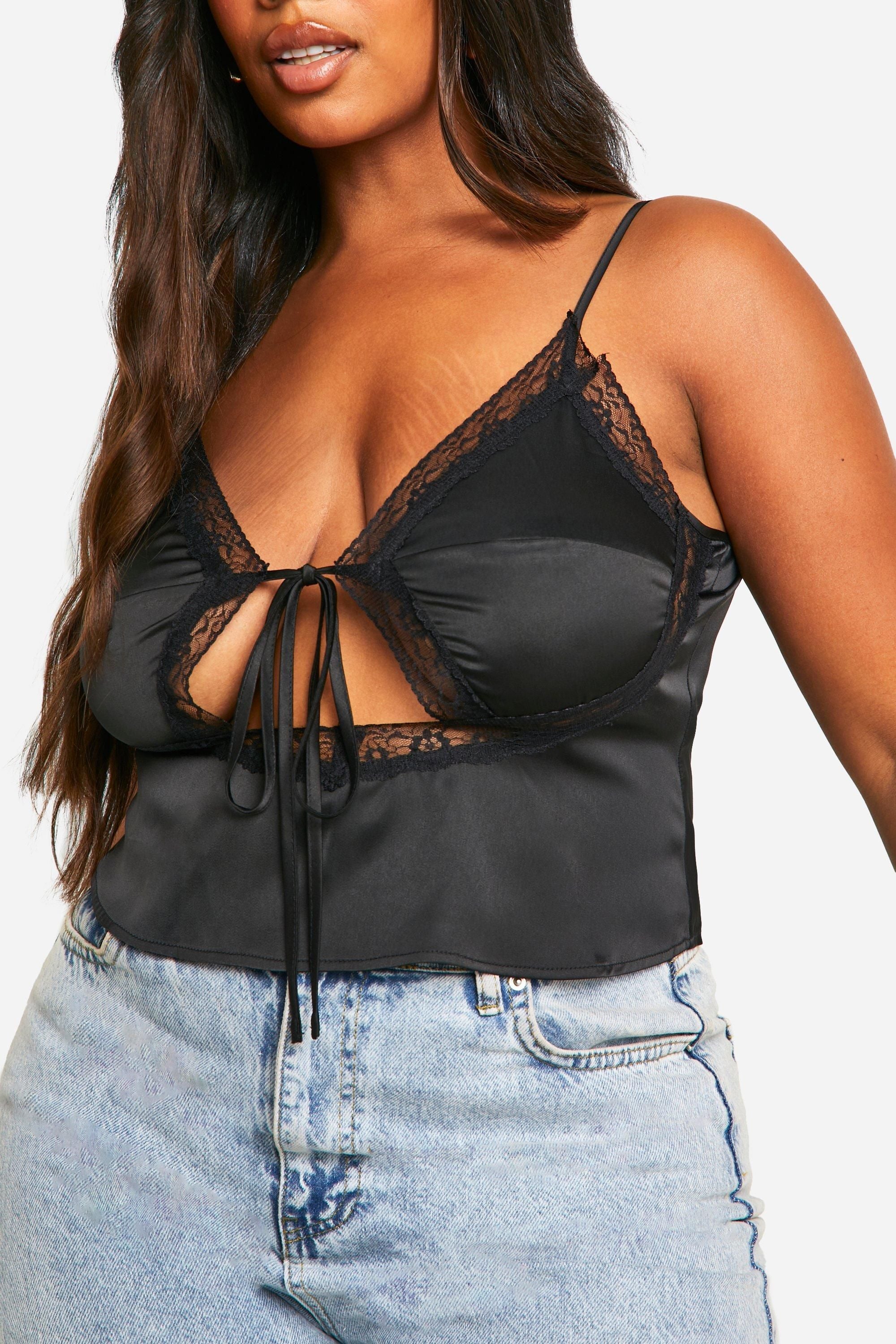 Plus Tie Front Satin Lace Cami Top