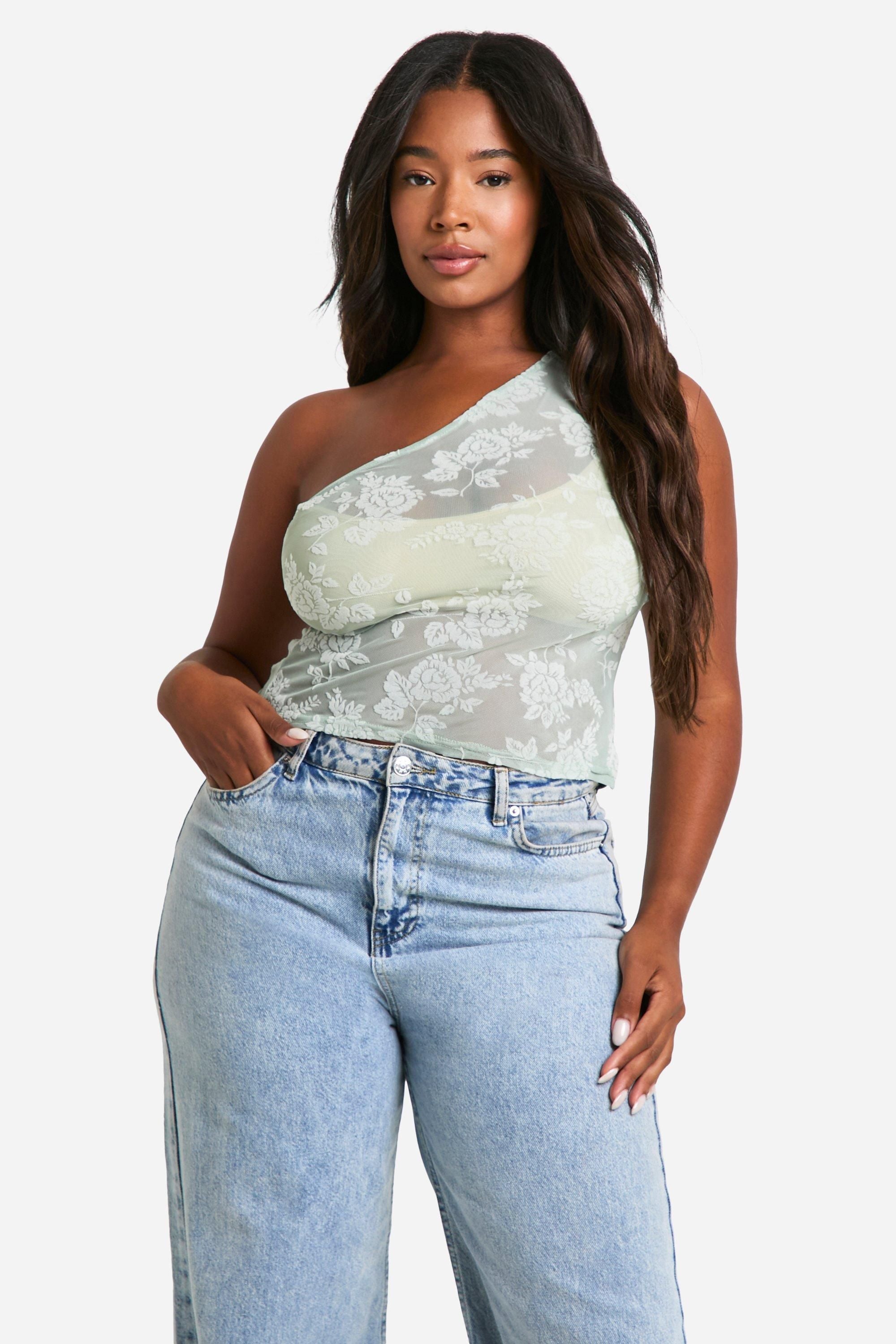 Plus Flocked Floral One Shoulder Top