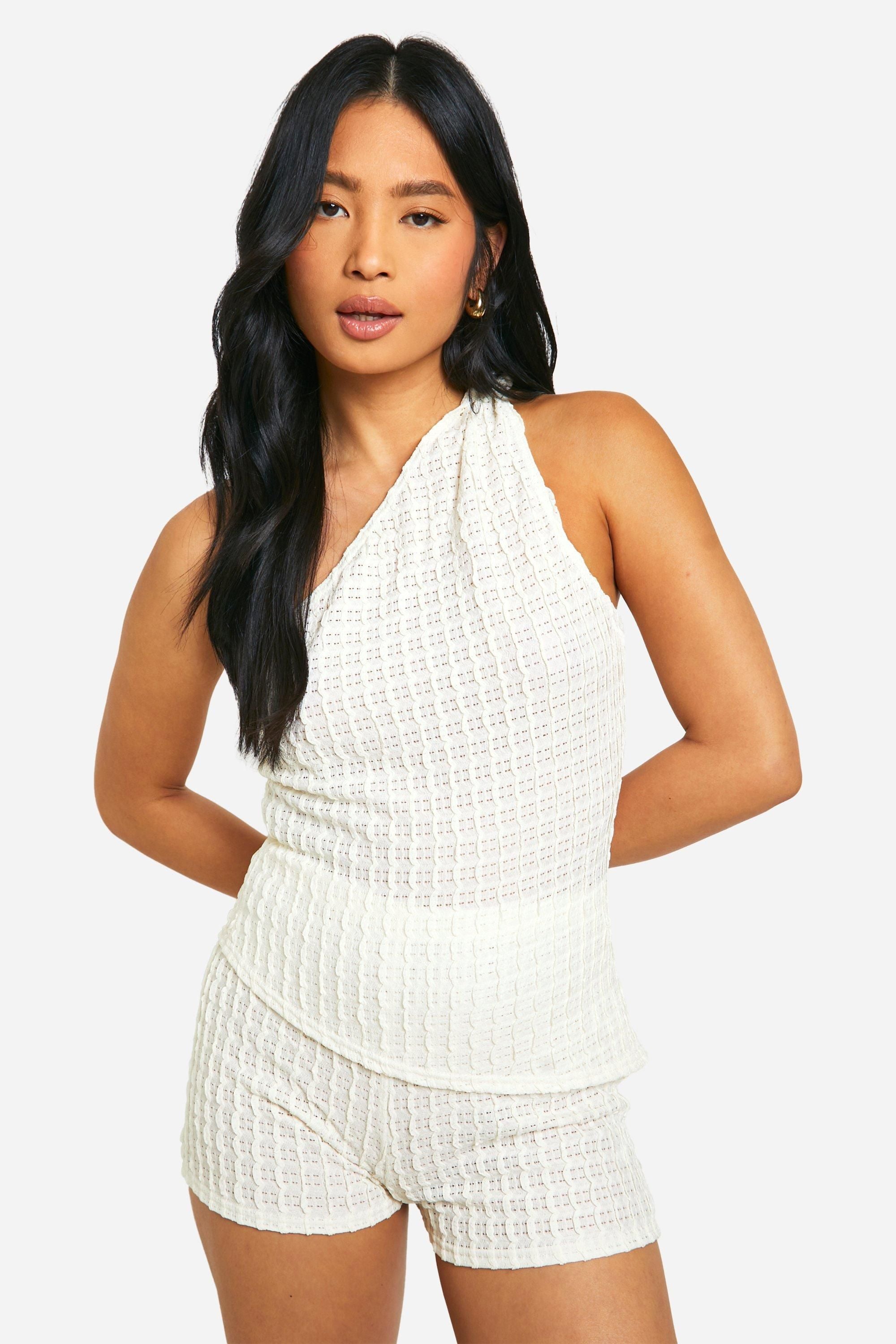 Petite Textured Twist Shoulder Asymmetric Top