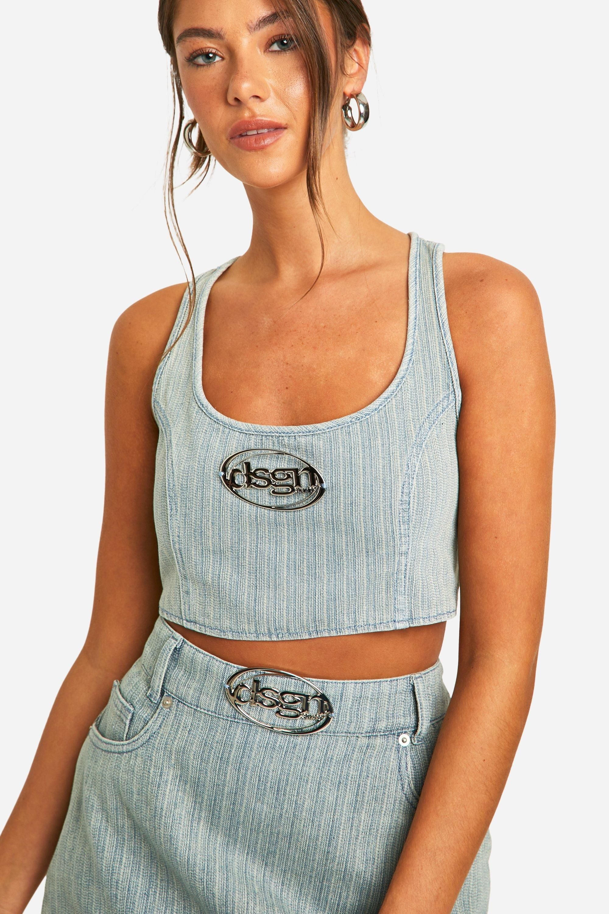 DSGN Studio Badge Vintage Tint Stripe Denim Crop Top