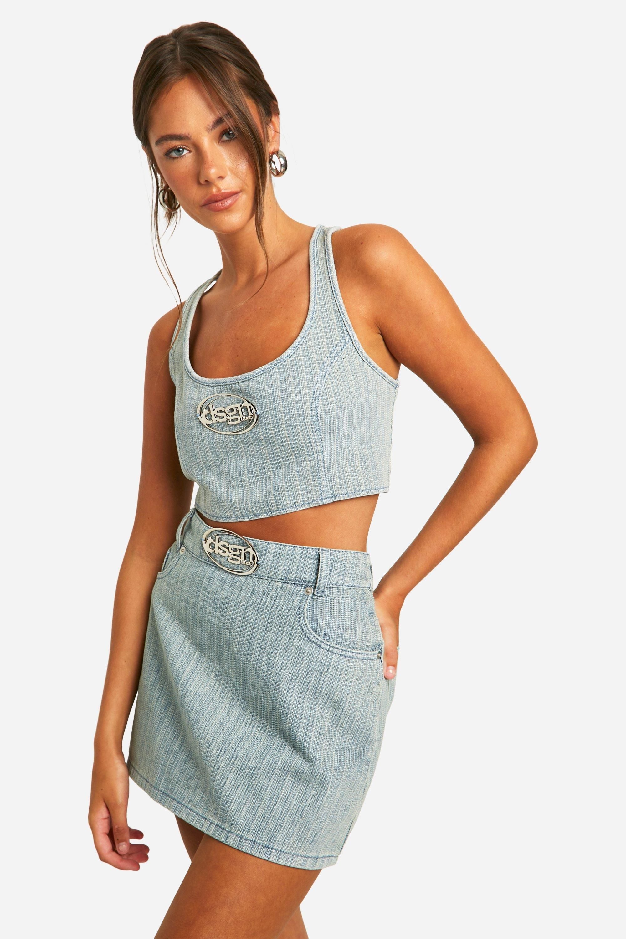 DSGN Studio Badge Vintage Tint Stripe Denim Crop Top