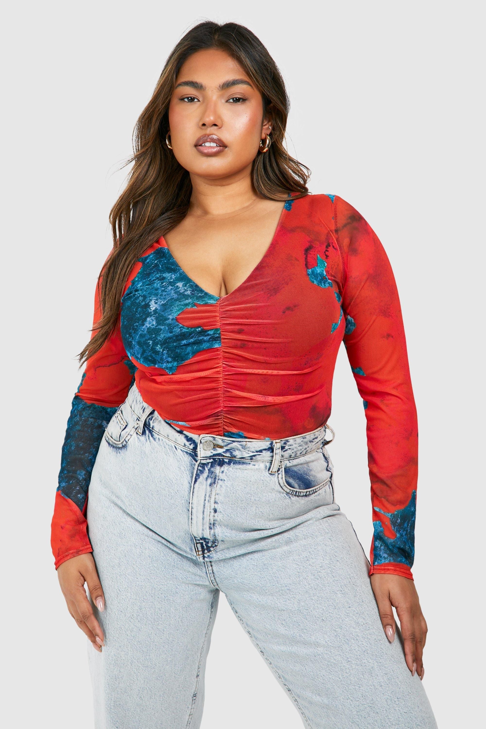 Plus Abstract Mesh Long Sleeve Bodysuit