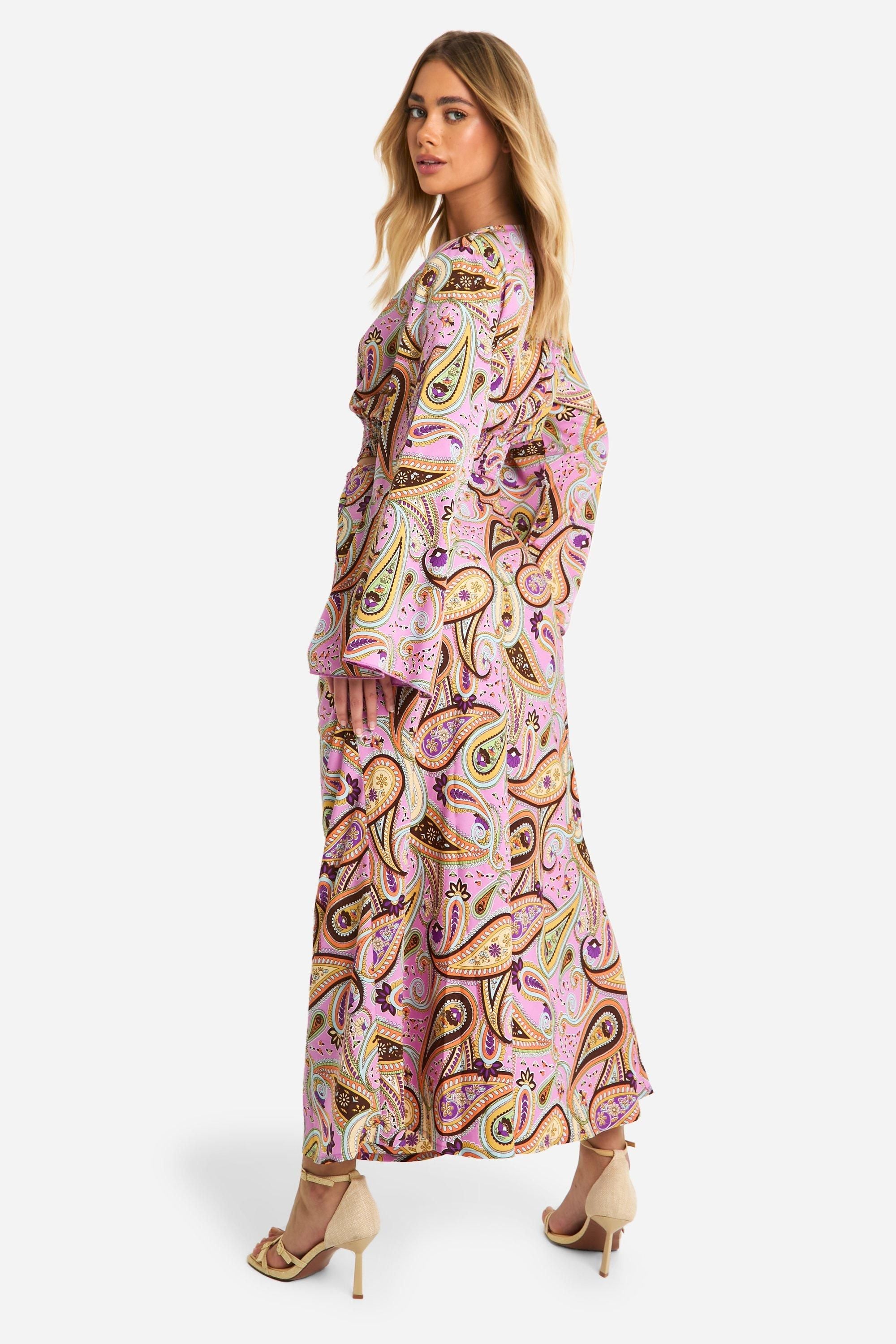 Paisley Print Flared Sleeve Crop & Maxi Skirt