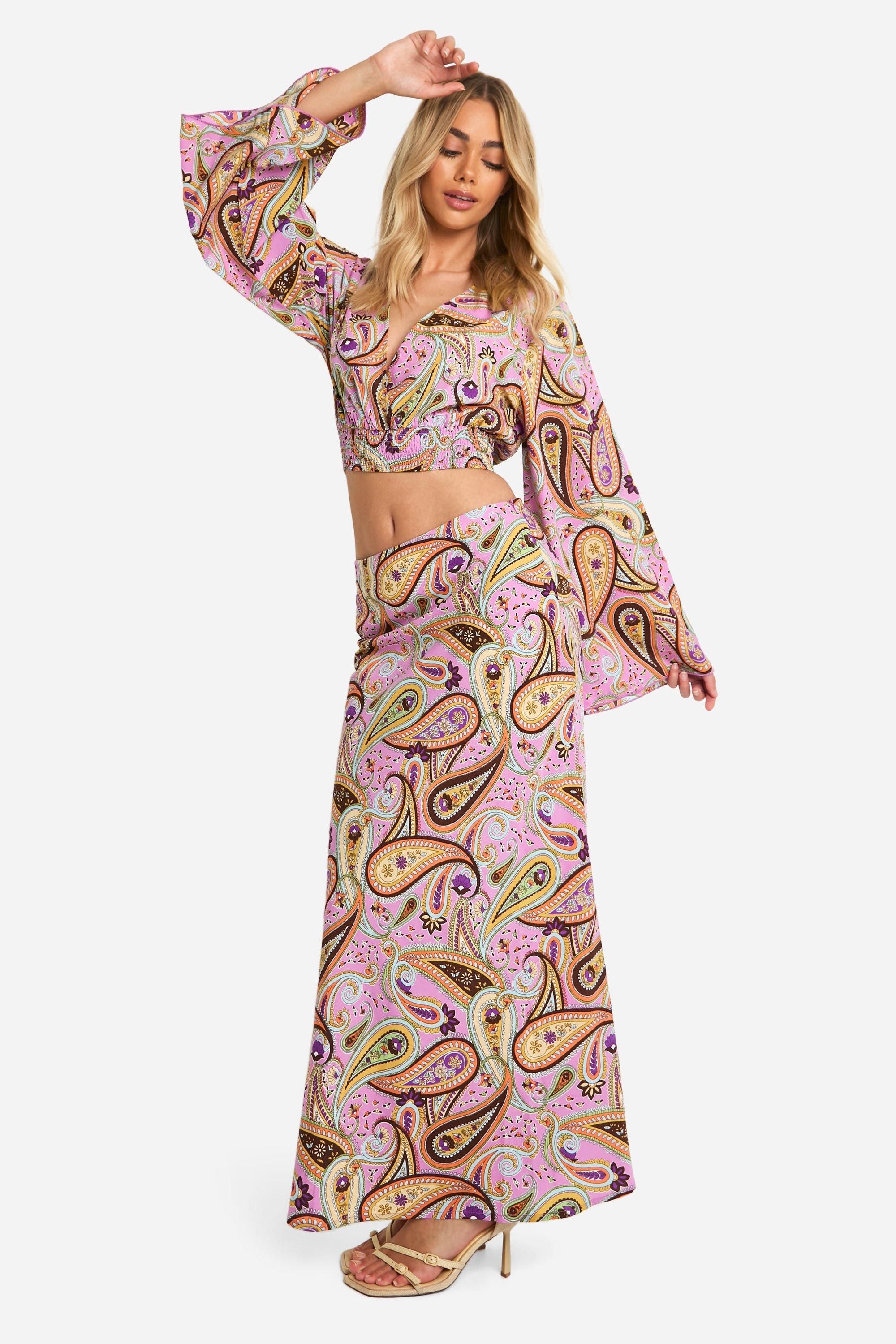 Paisley Print Flared Sleeve Crop & Maxi Skirt