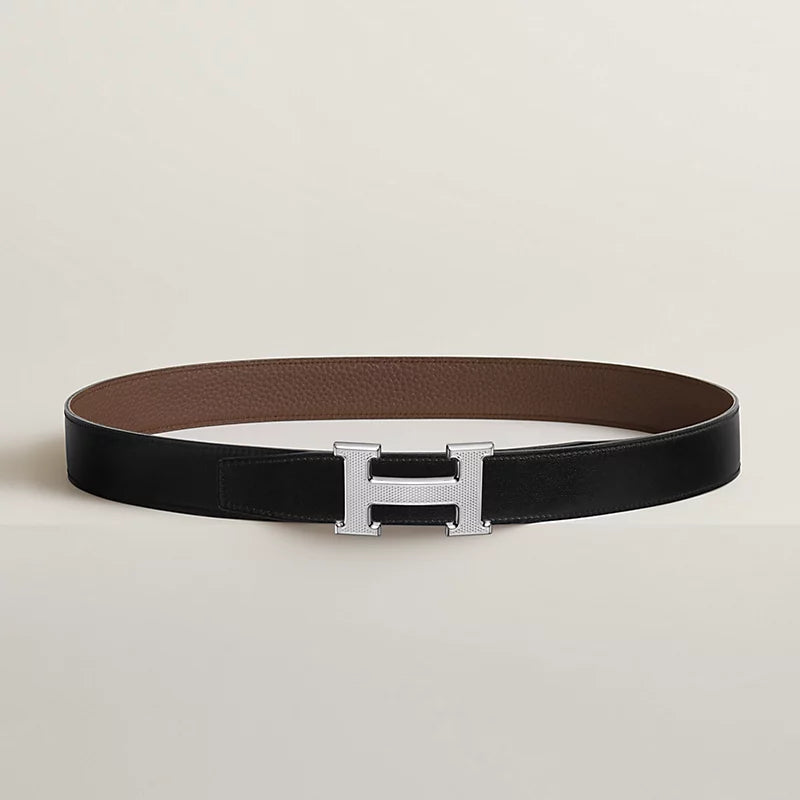 H Guillochee belt buckle & Reversible leather strap 32 mm