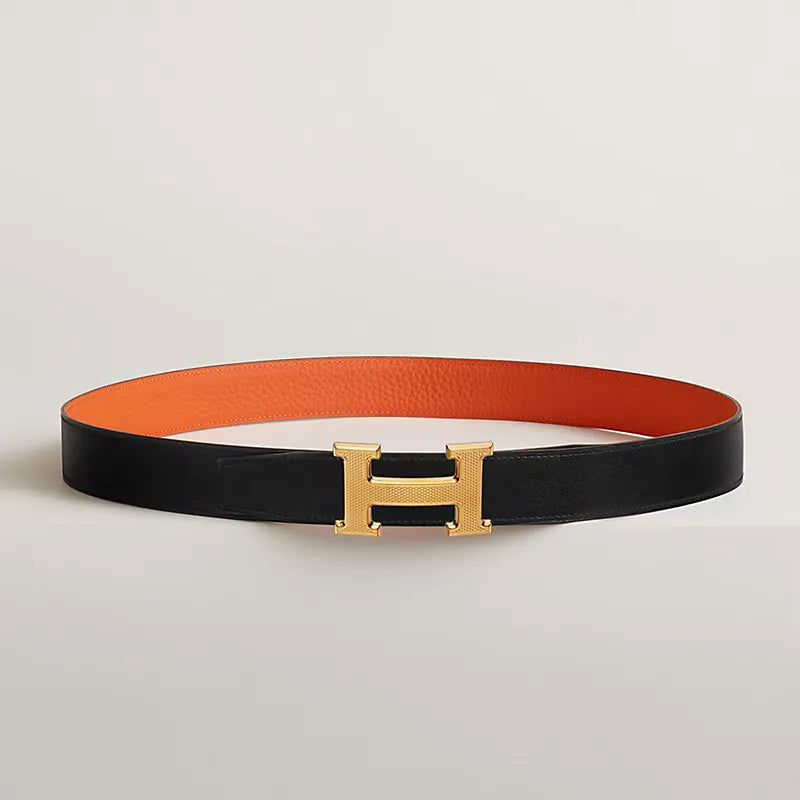 H Guillochee belt buckle & Reversible leather strap 32 mm