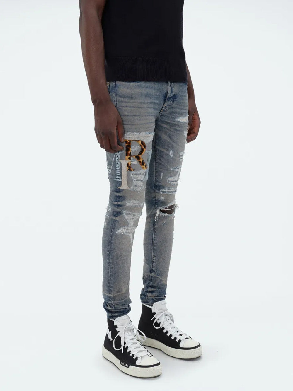 Amiri Leather Staggered Logo Jeans in Blue
