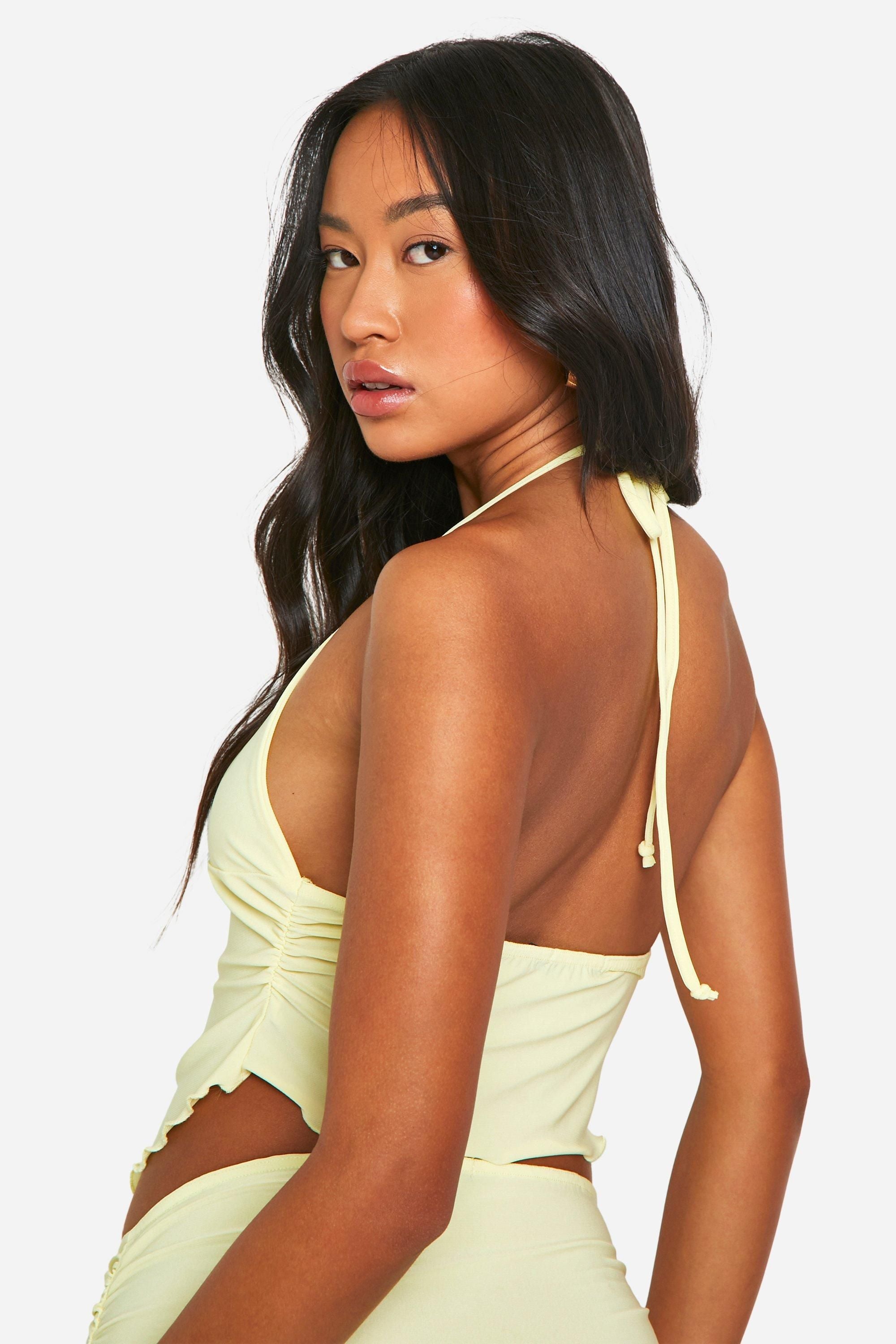 Asymmetric Lettuce Hem Halter Neck Top