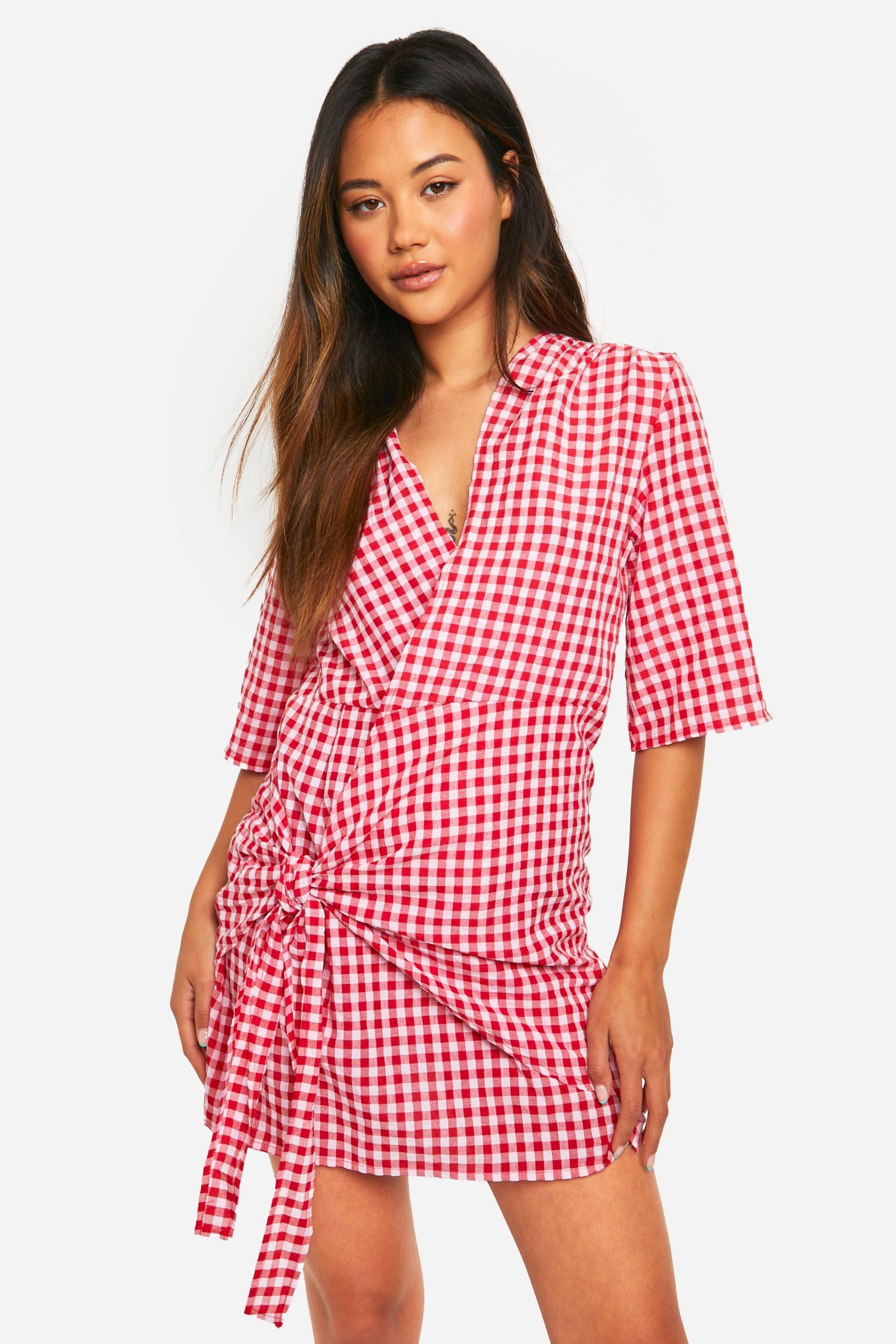 Textured Gingham Wrap Dress