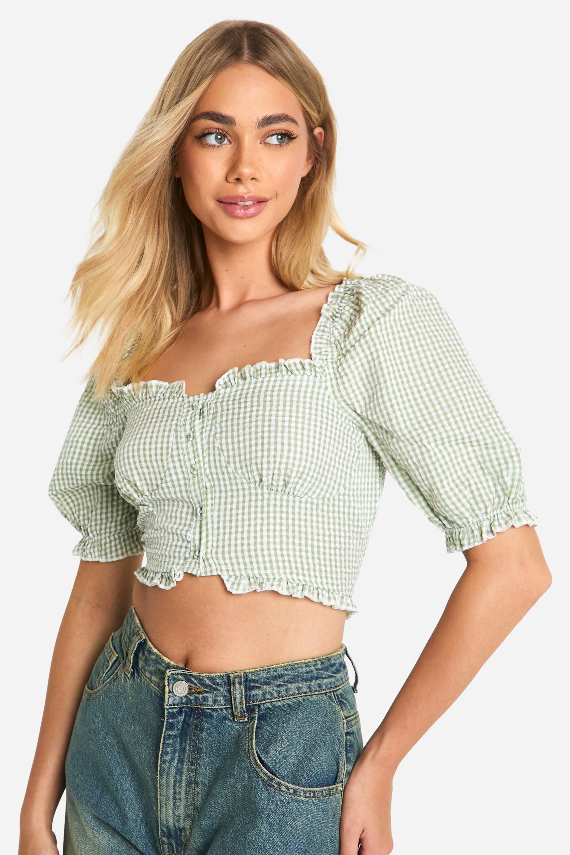 Gingham Frill Hem Puff Sleeve Crop Top