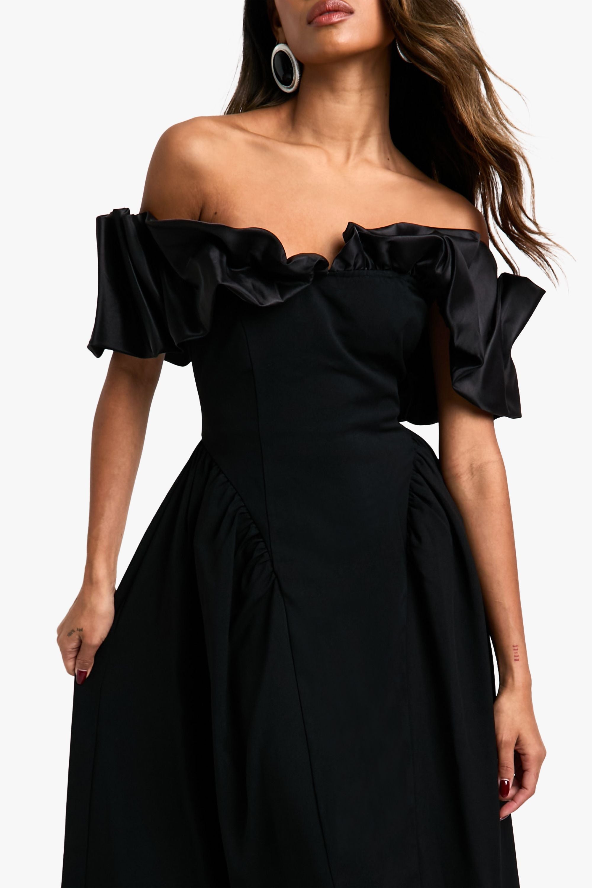 Extreme Taffeta Ruffle Bardot Structured Midaxi Skater Dress