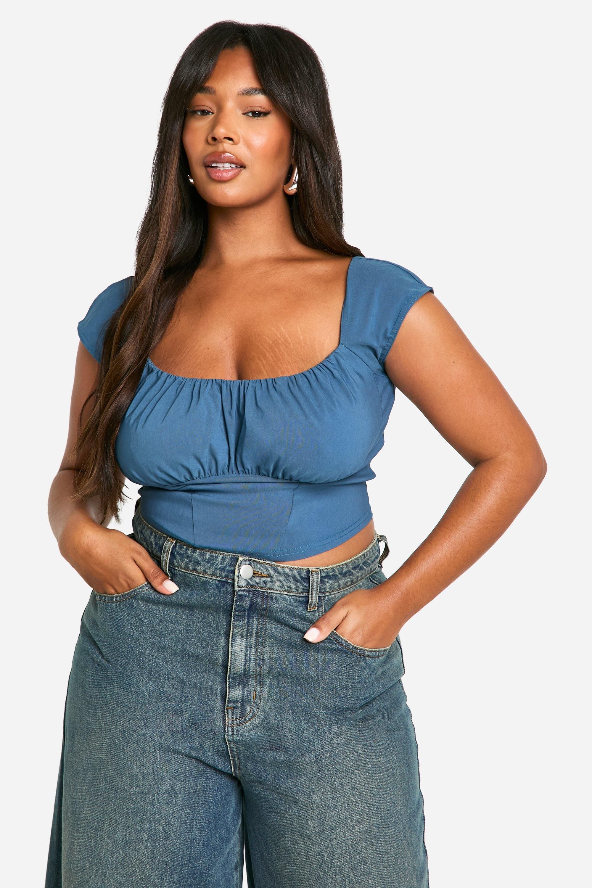 Plus Woven Stretch Ruched Cap Sleeve Corset Top