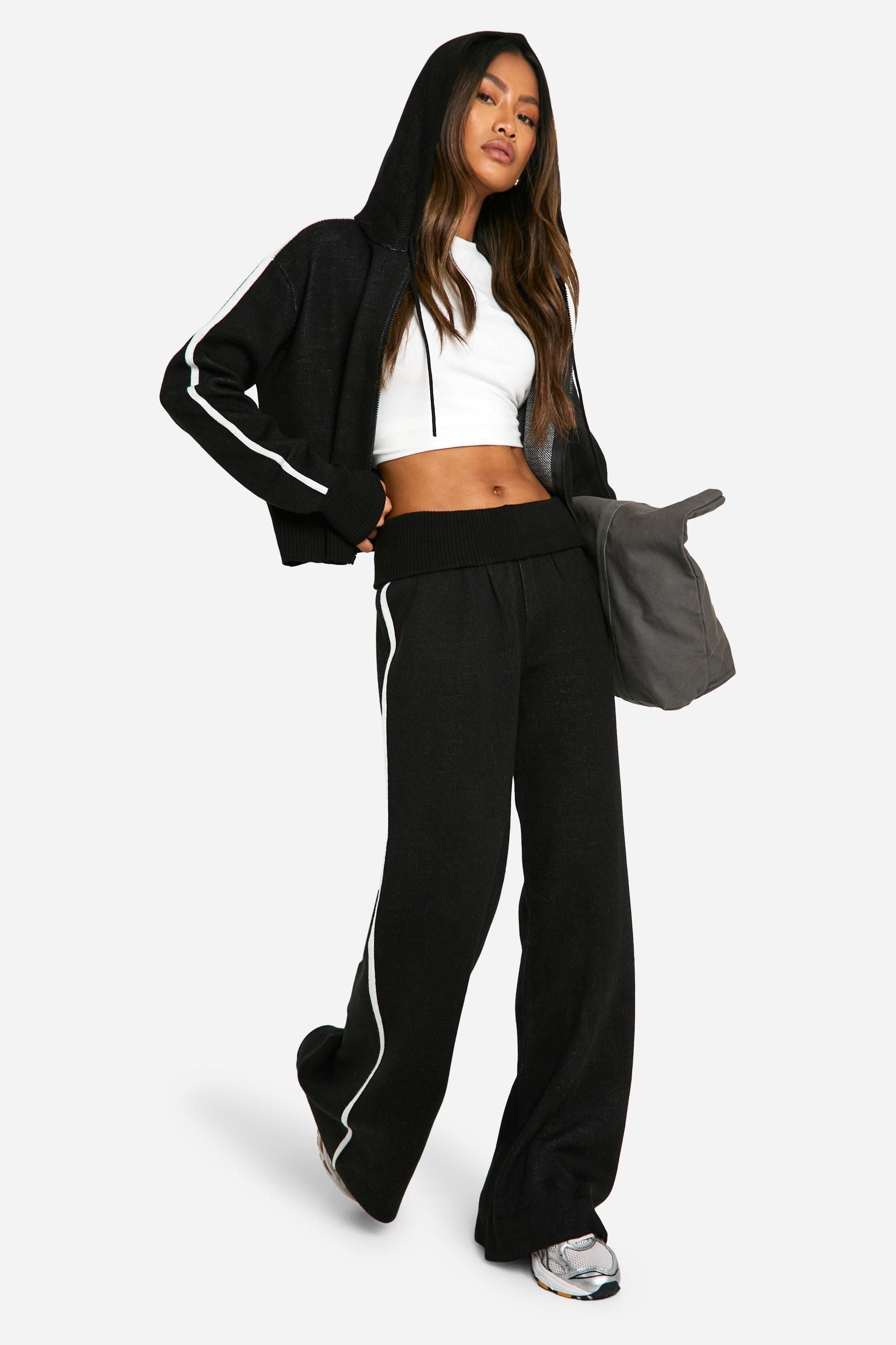 Stripe Detail Knitted Hoody And Waist Detail Flared Trouser
