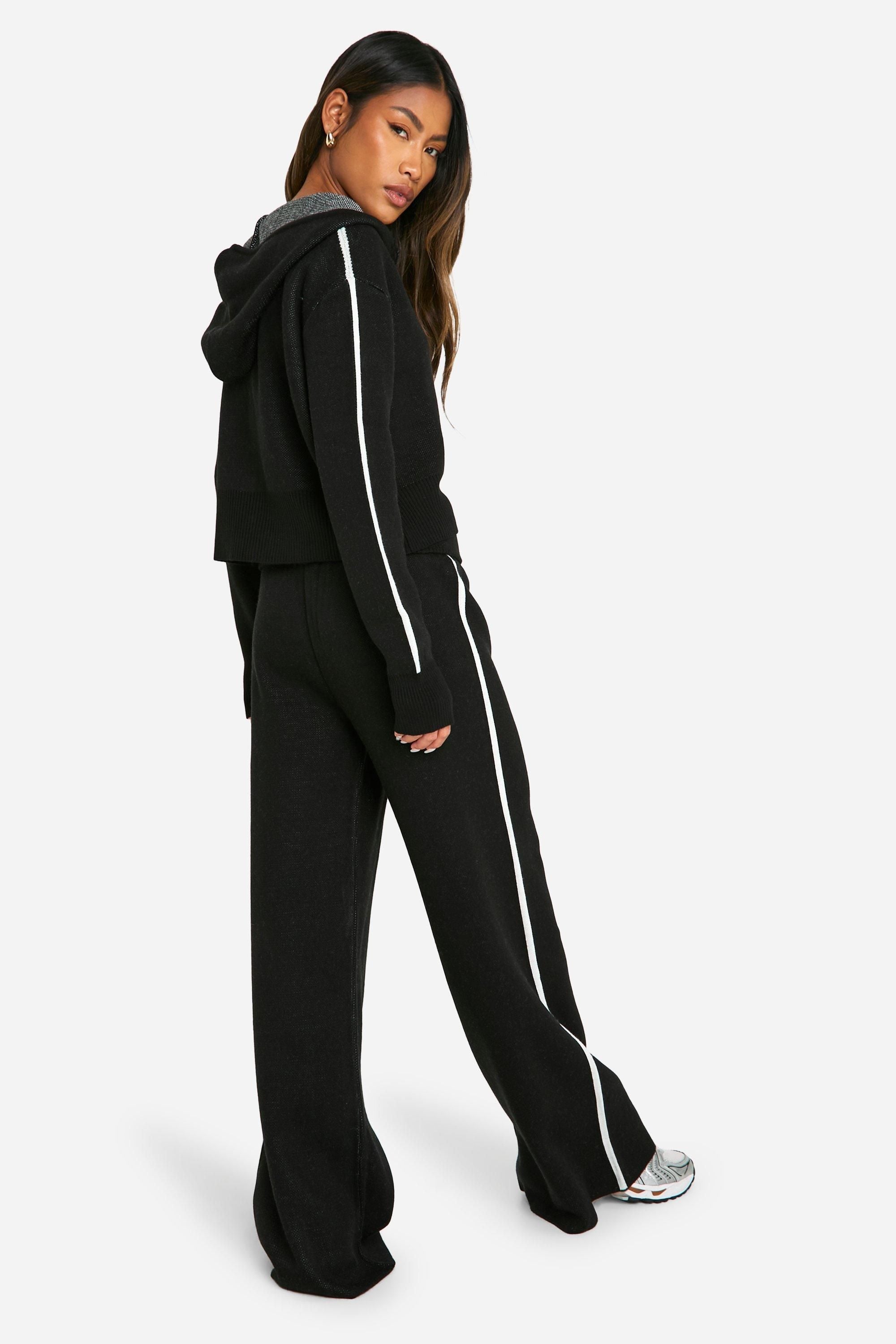 Stripe Detail Knitted Hoody And Waist Detail Flared Trouser