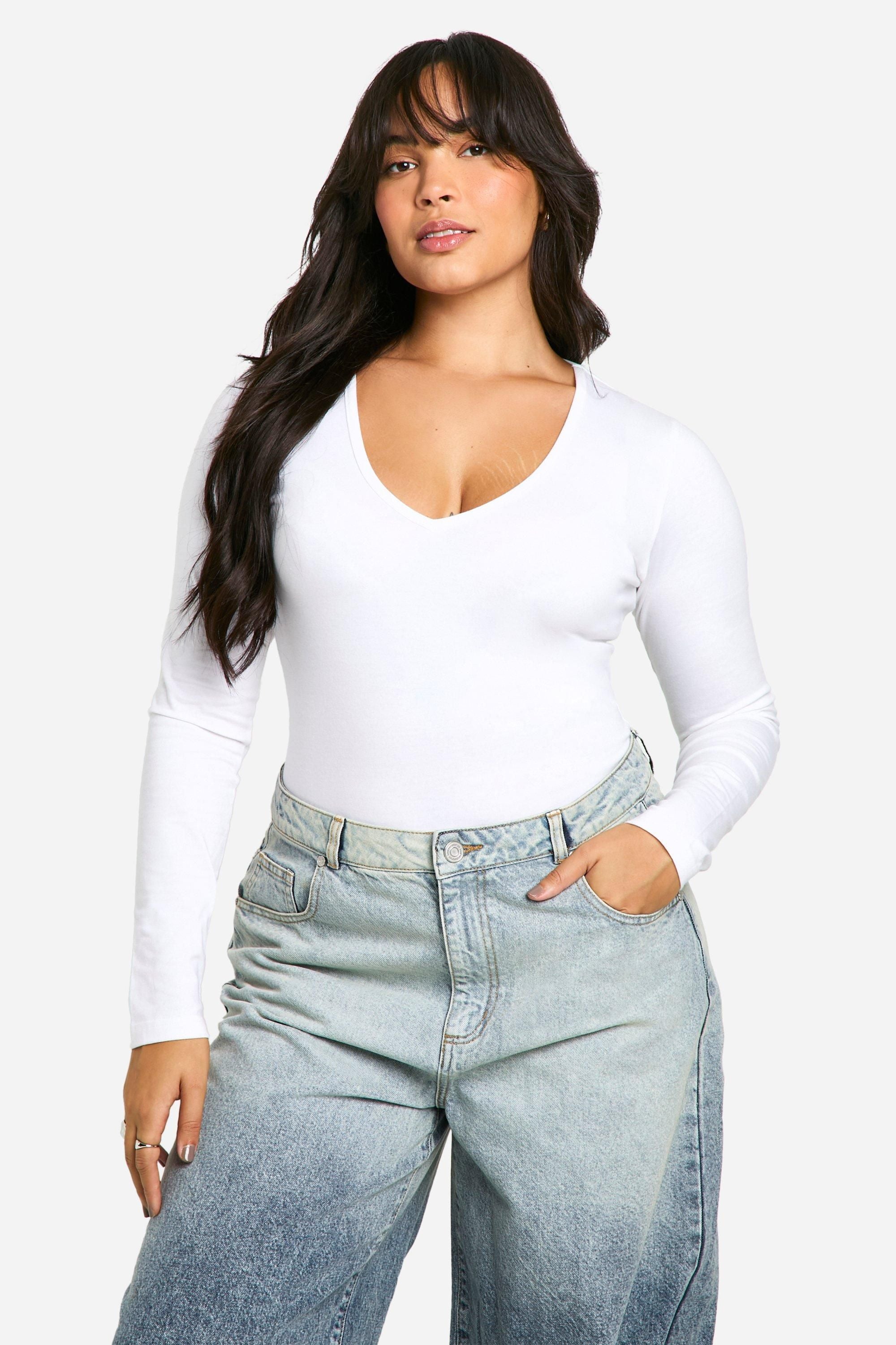 Plus Cotton Plunge Long Sleeve Bodysuit