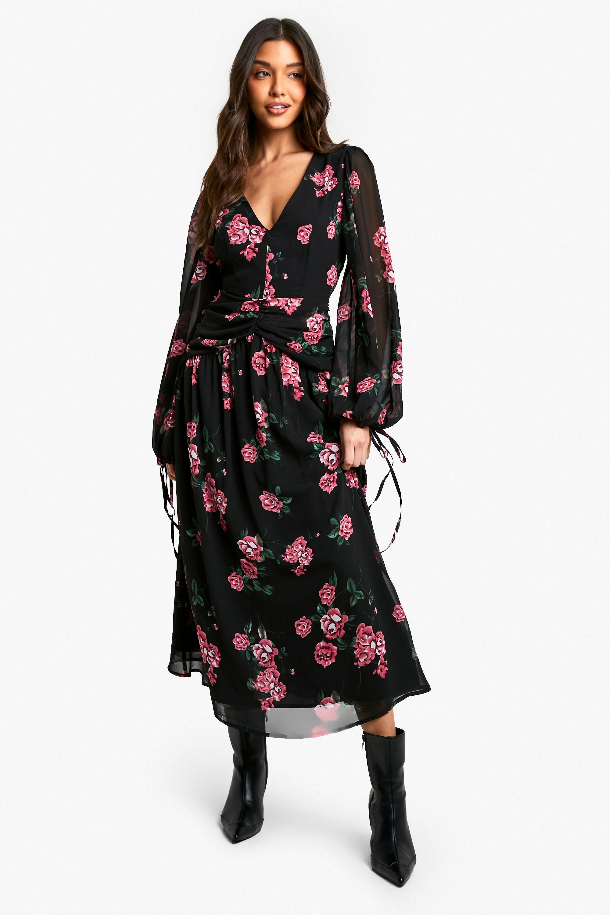 Floral Chiffon Ruched Waist Midaxi Dress