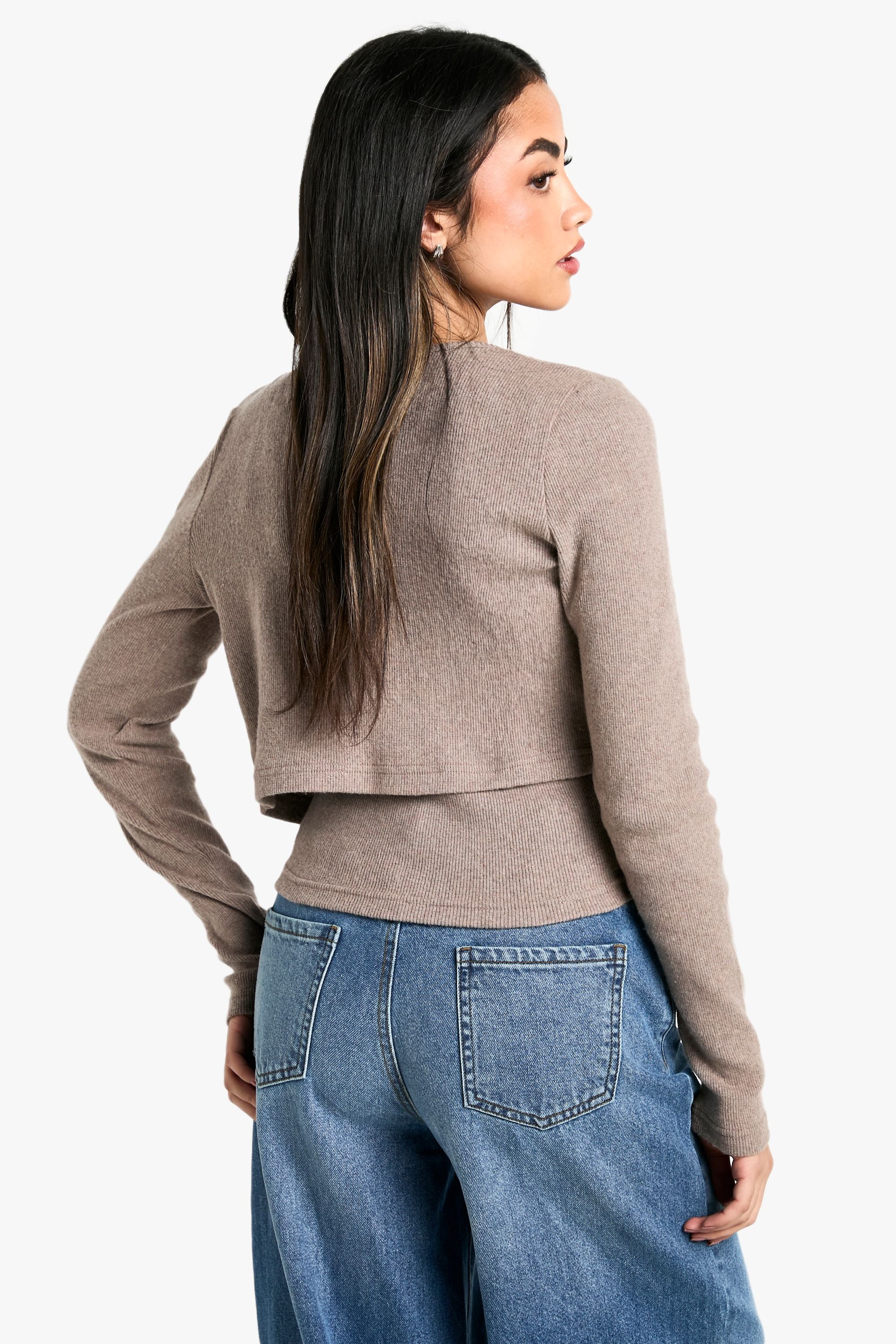 Brushed Rib Button Through Cardigan & Cami Top
