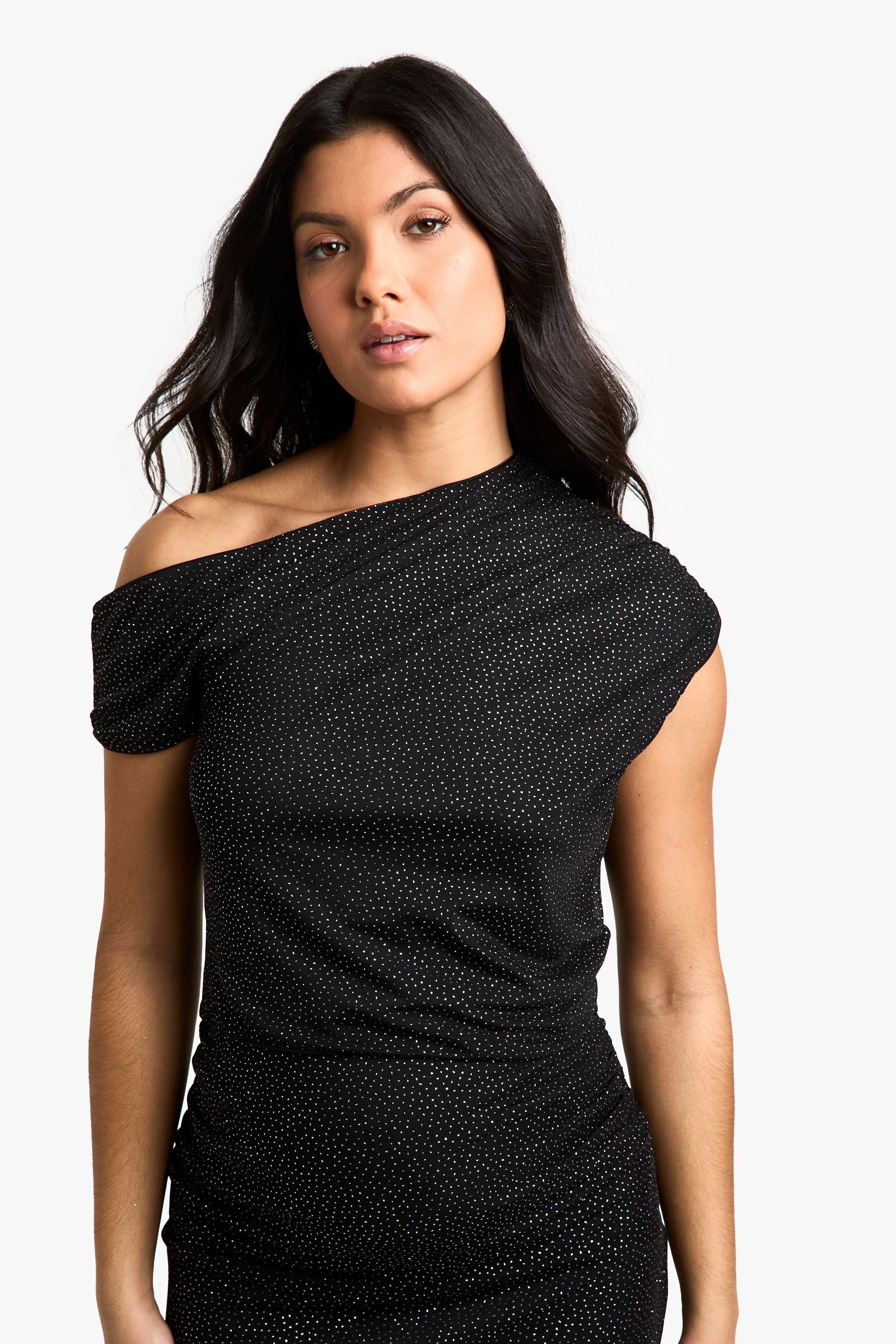 Maternity Glitter Stretch Ruched Off The Shoulder Top