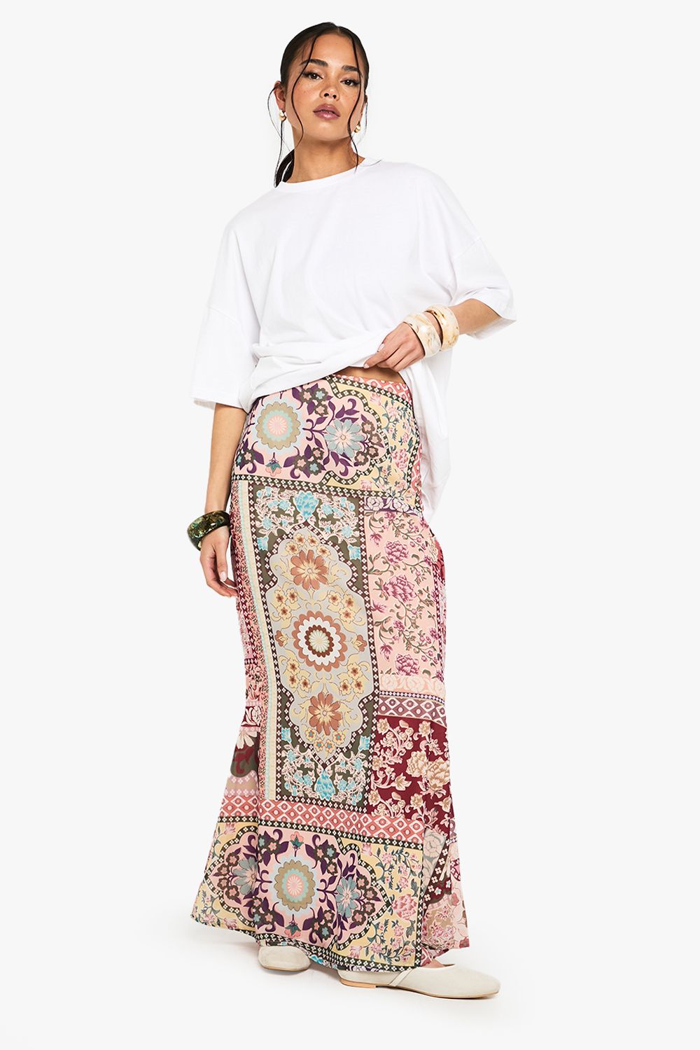 Patchwork Paisley Print Woven Maxi Skirt