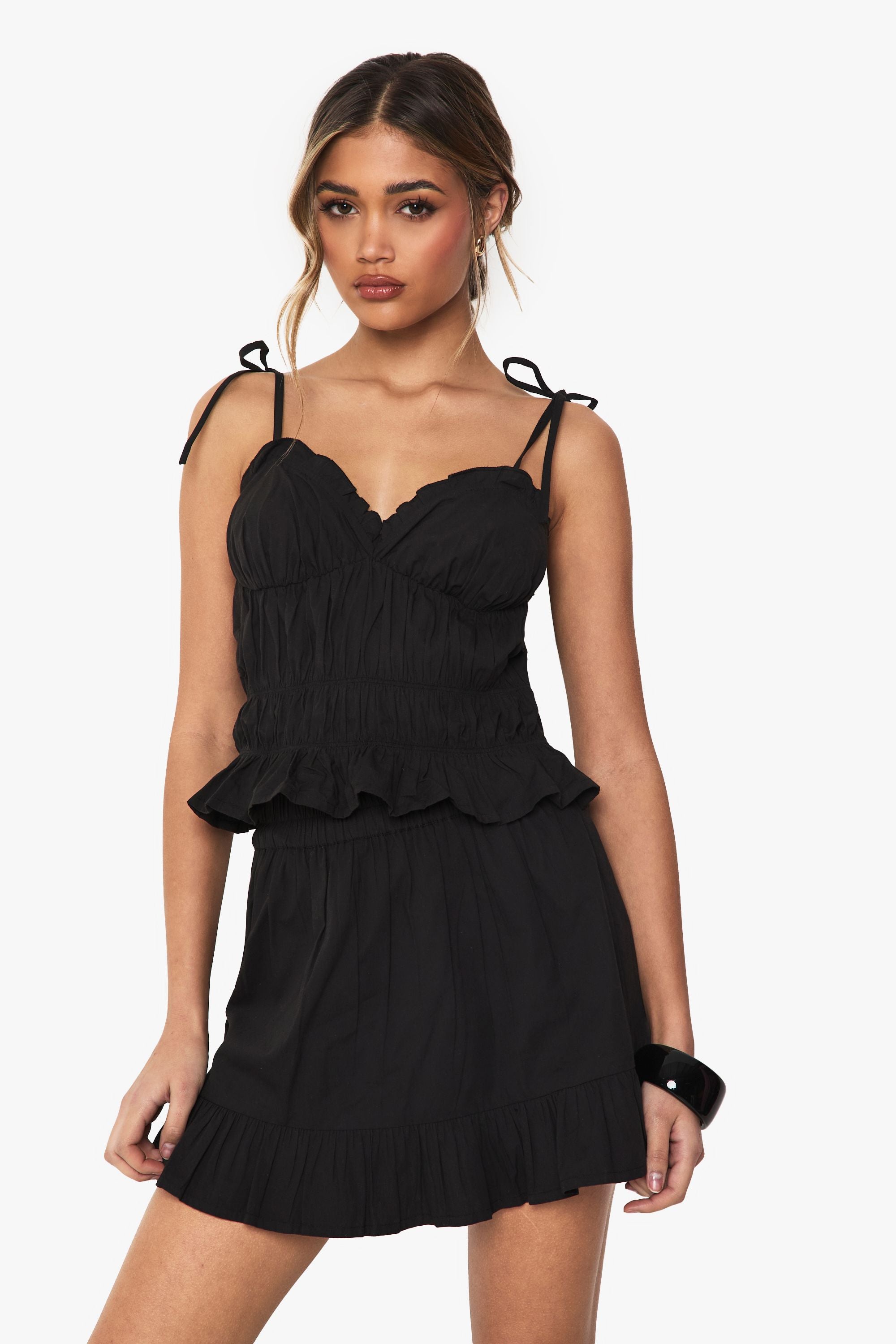 Ruched Poplin Tie Strap Cami Top