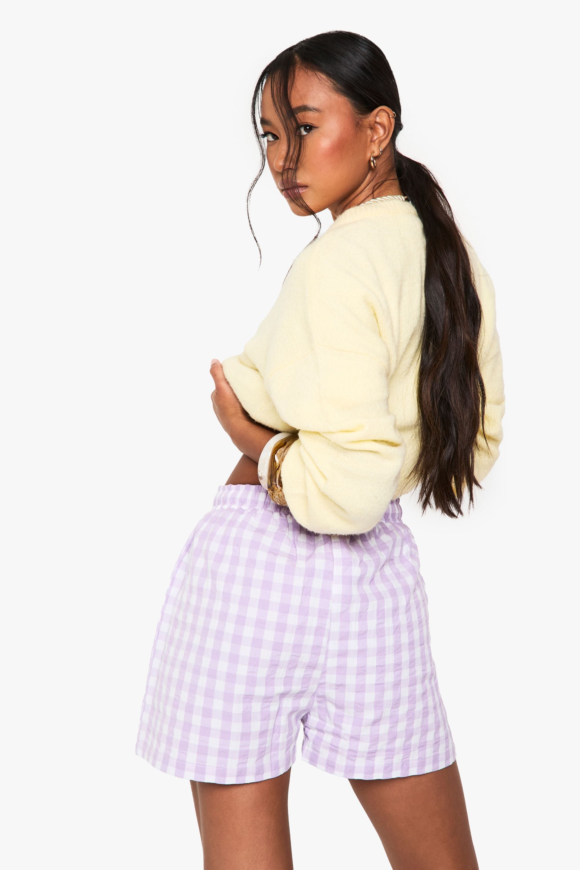 Seersucker Gingham Drawstring Waist Shorts