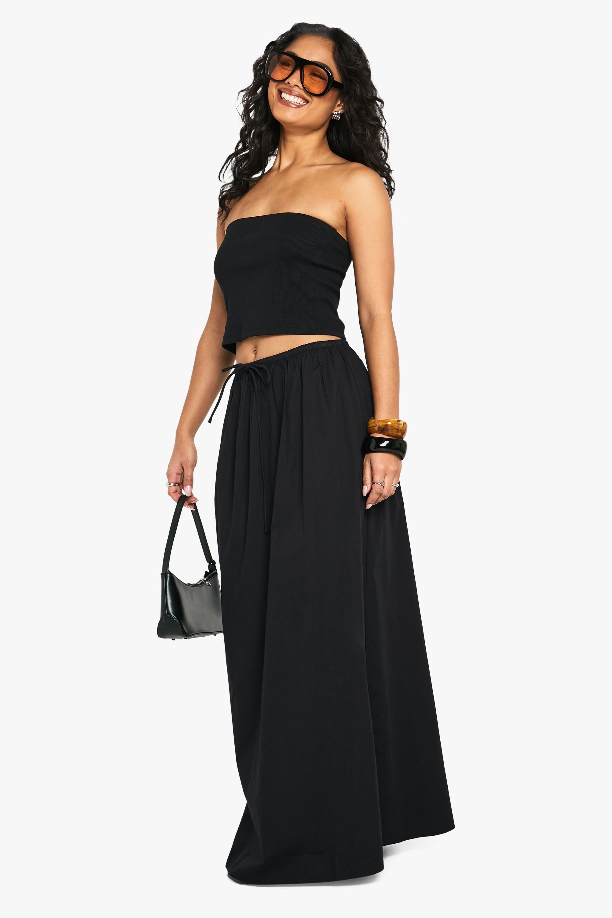 Drawstring Waist Cotton Poplin Maxi Skirt
