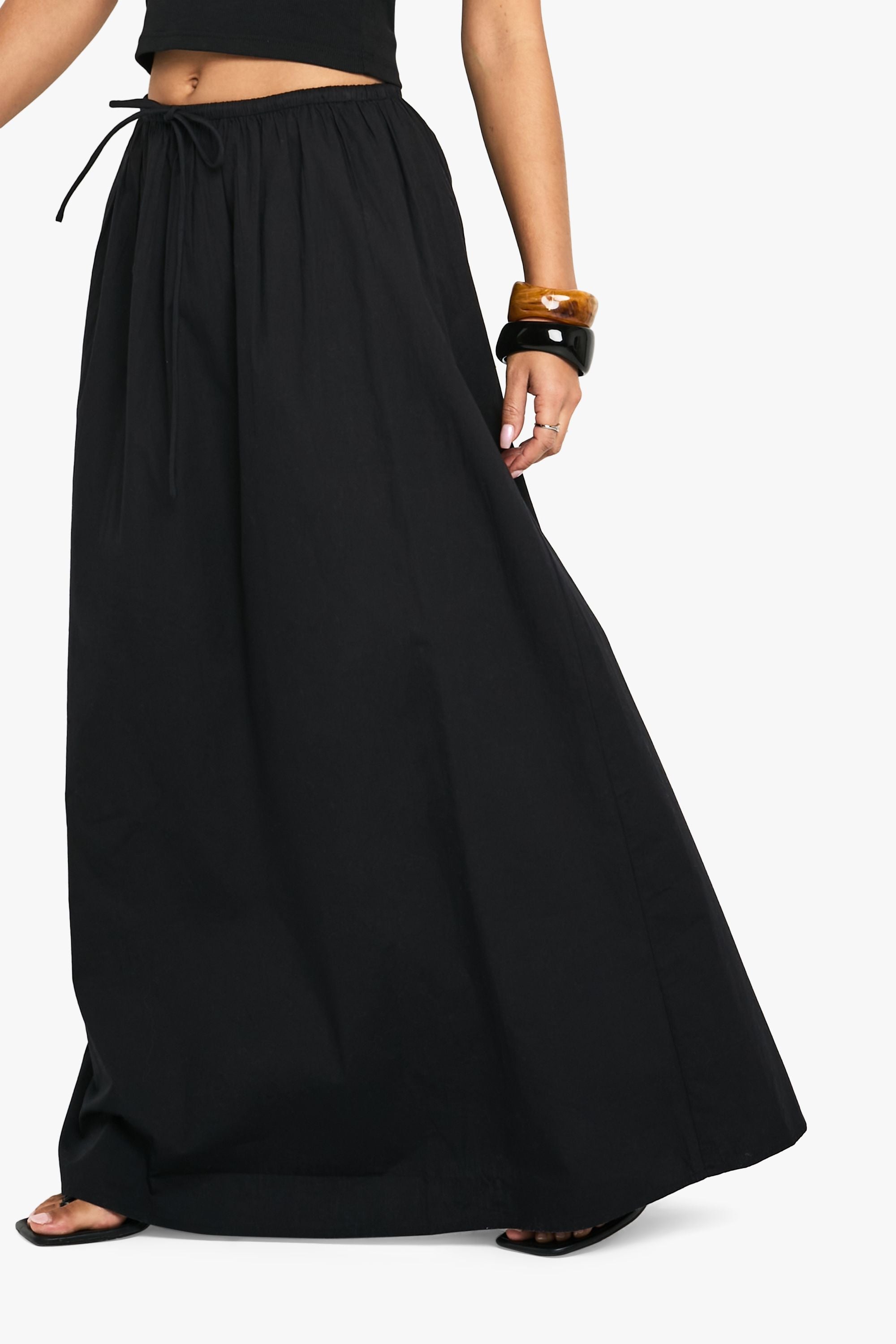 Drawstring Waist Cotton Poplin Maxi Skirt