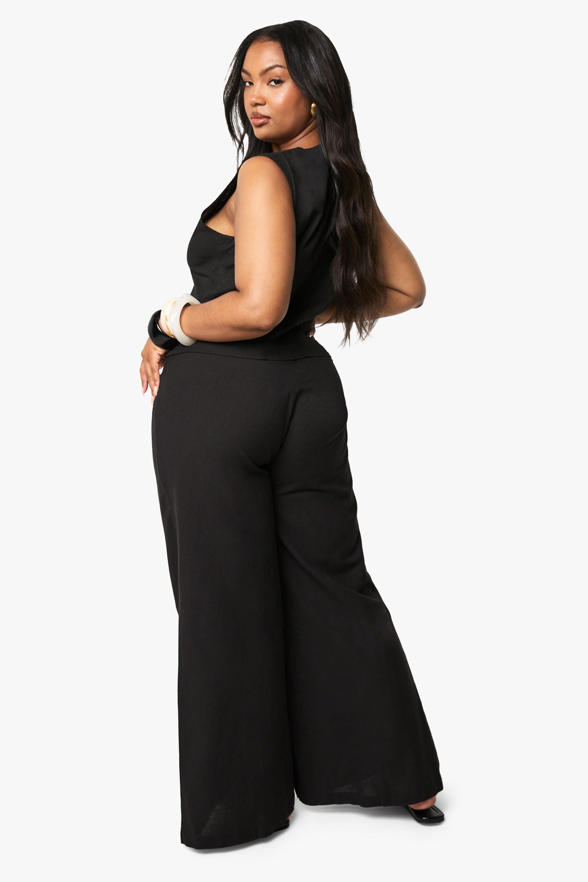 Plus Drawstring Elasticated Waist Wide Leg Trousers