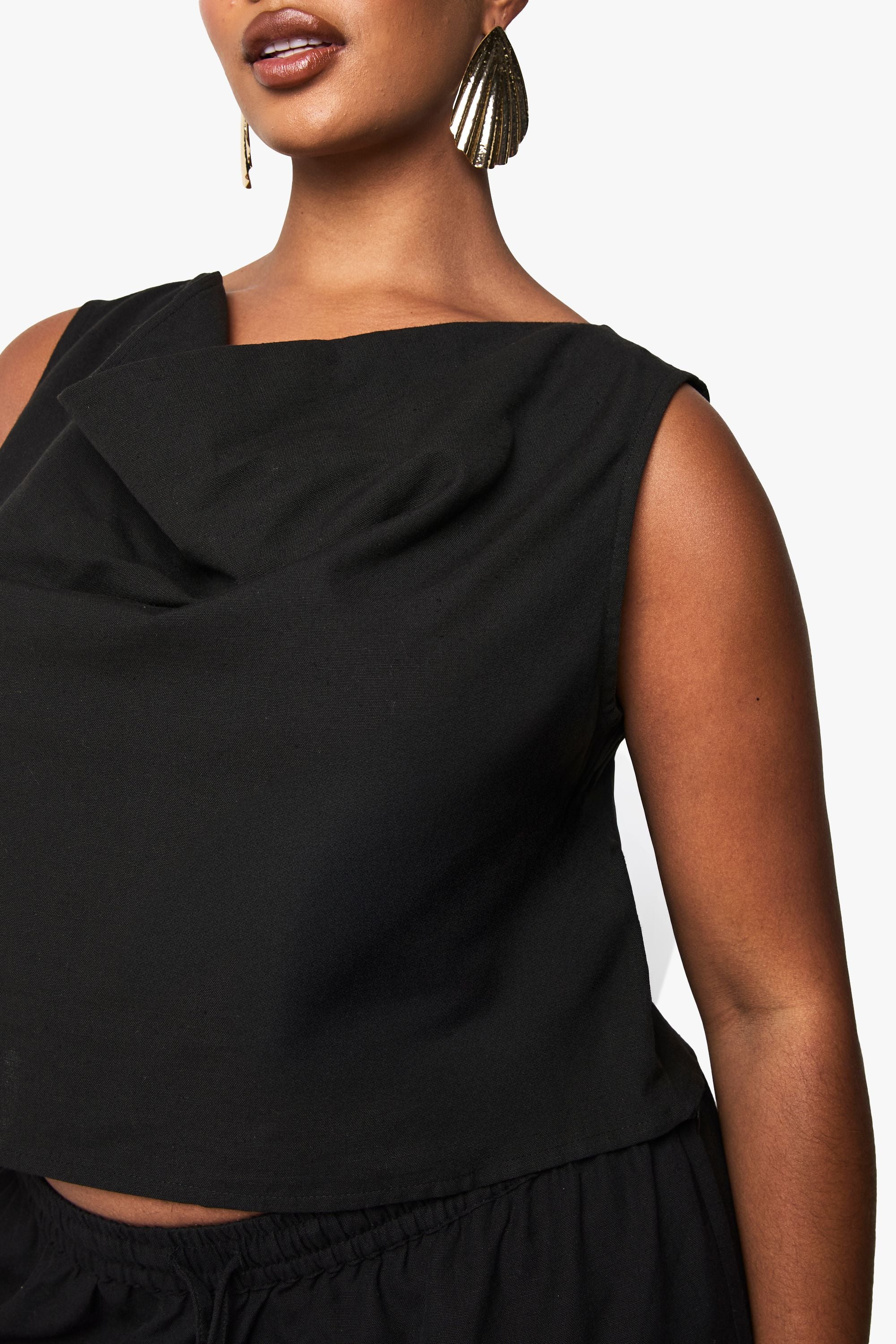 Plus Linen Look Cowl Neck Crop Top