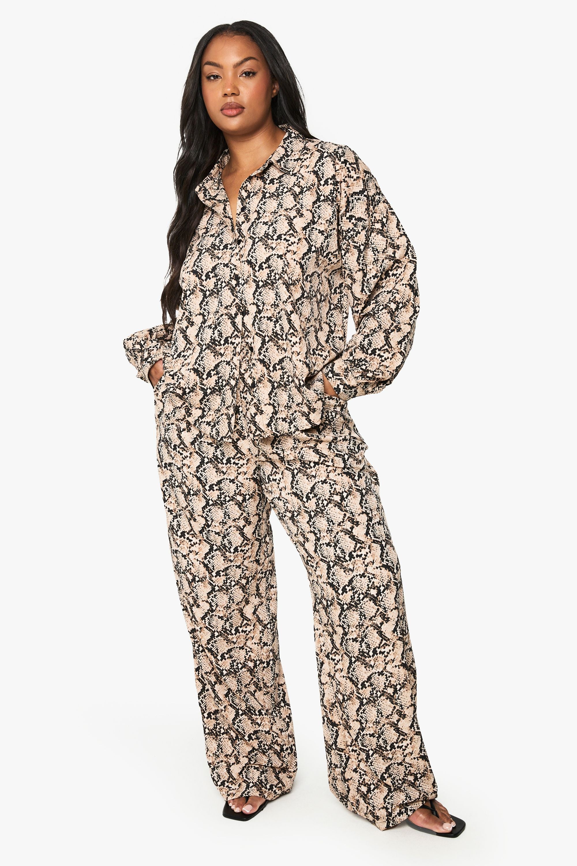 Plus Snake Drawstring Waist Wide Leg Trousers