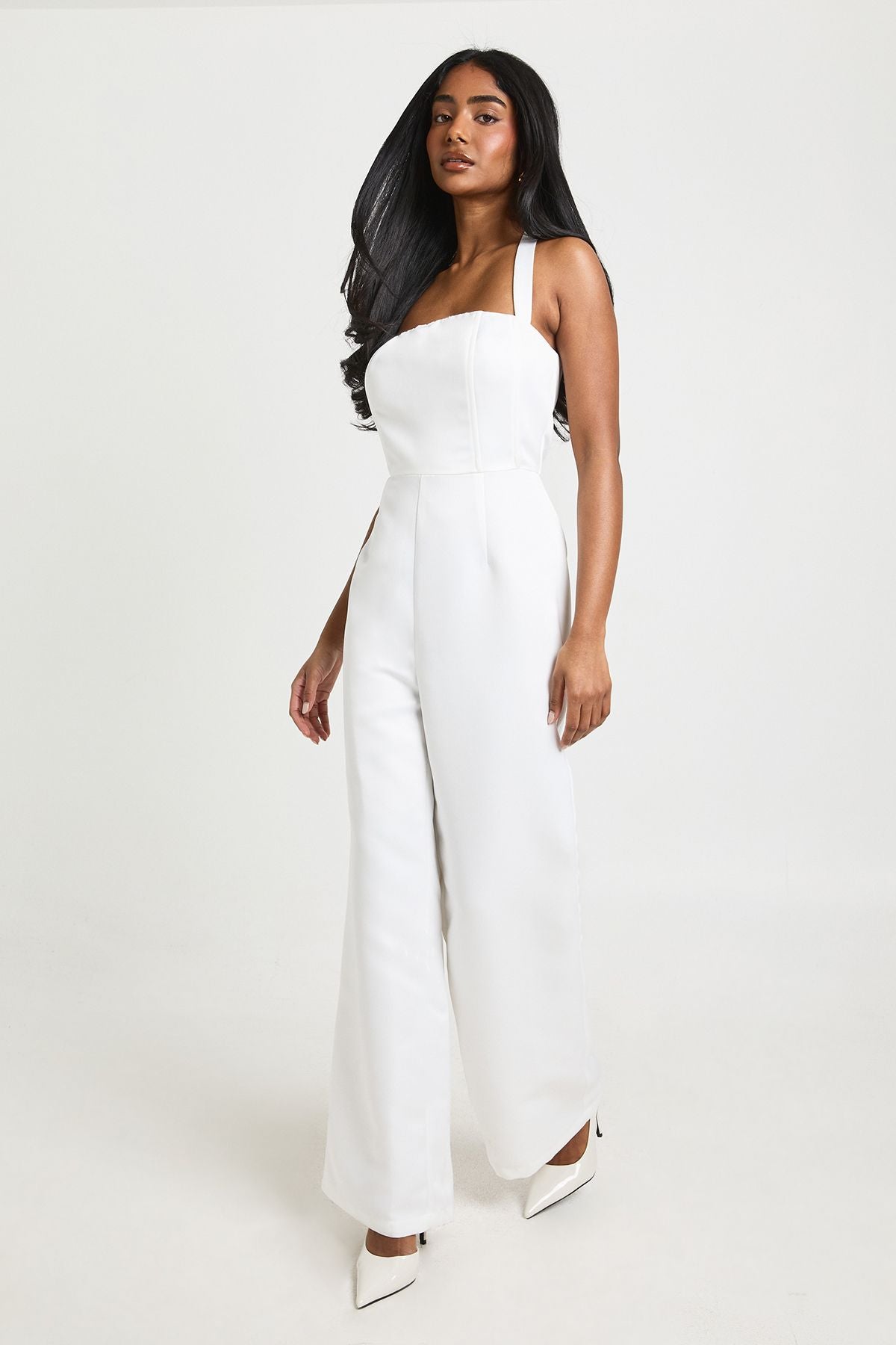 Premium Satin Boned Corset Halterneck Wide Leg Jumpsuit