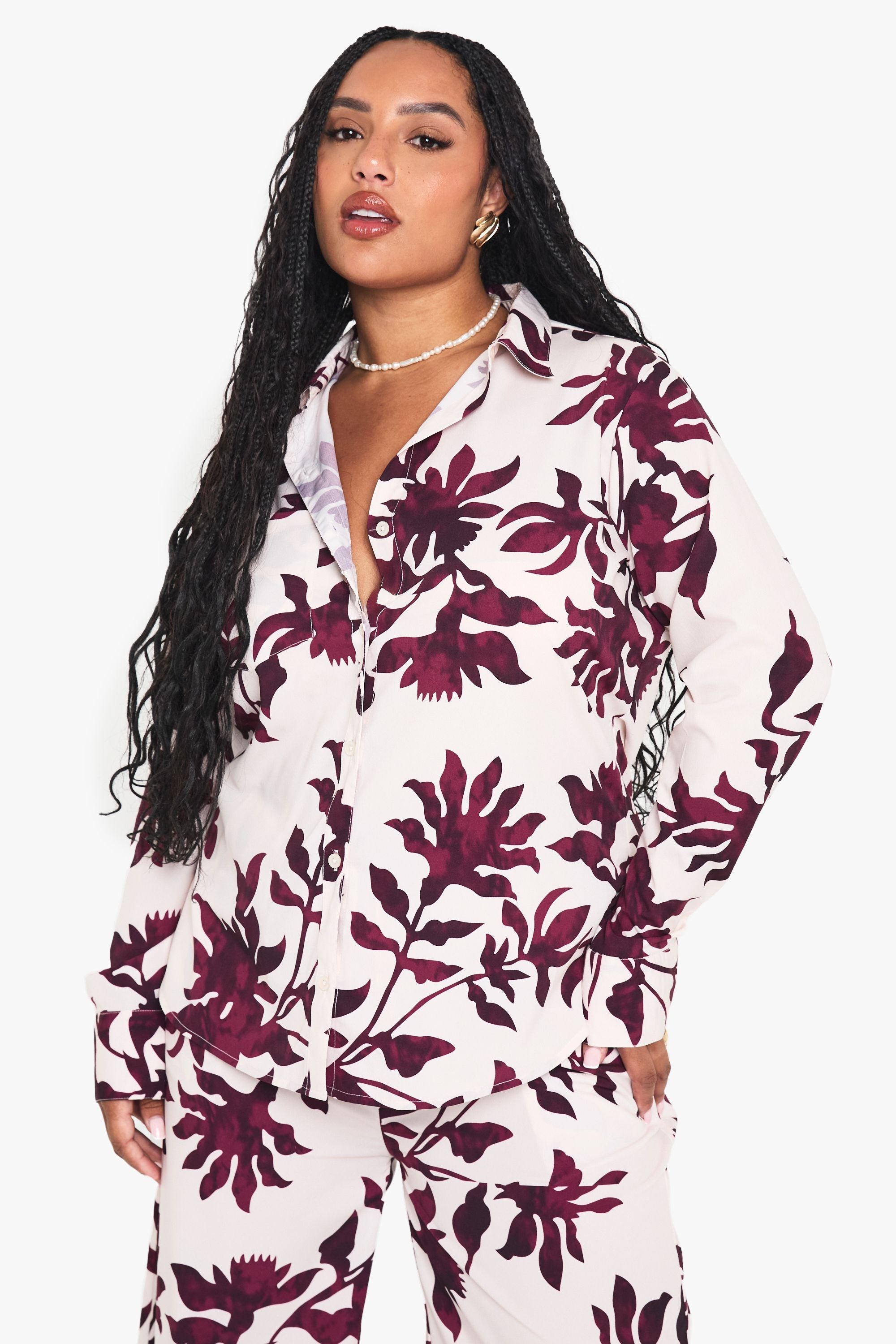 Plus Basic Woven Large Floral Long Sleeve Shirt
