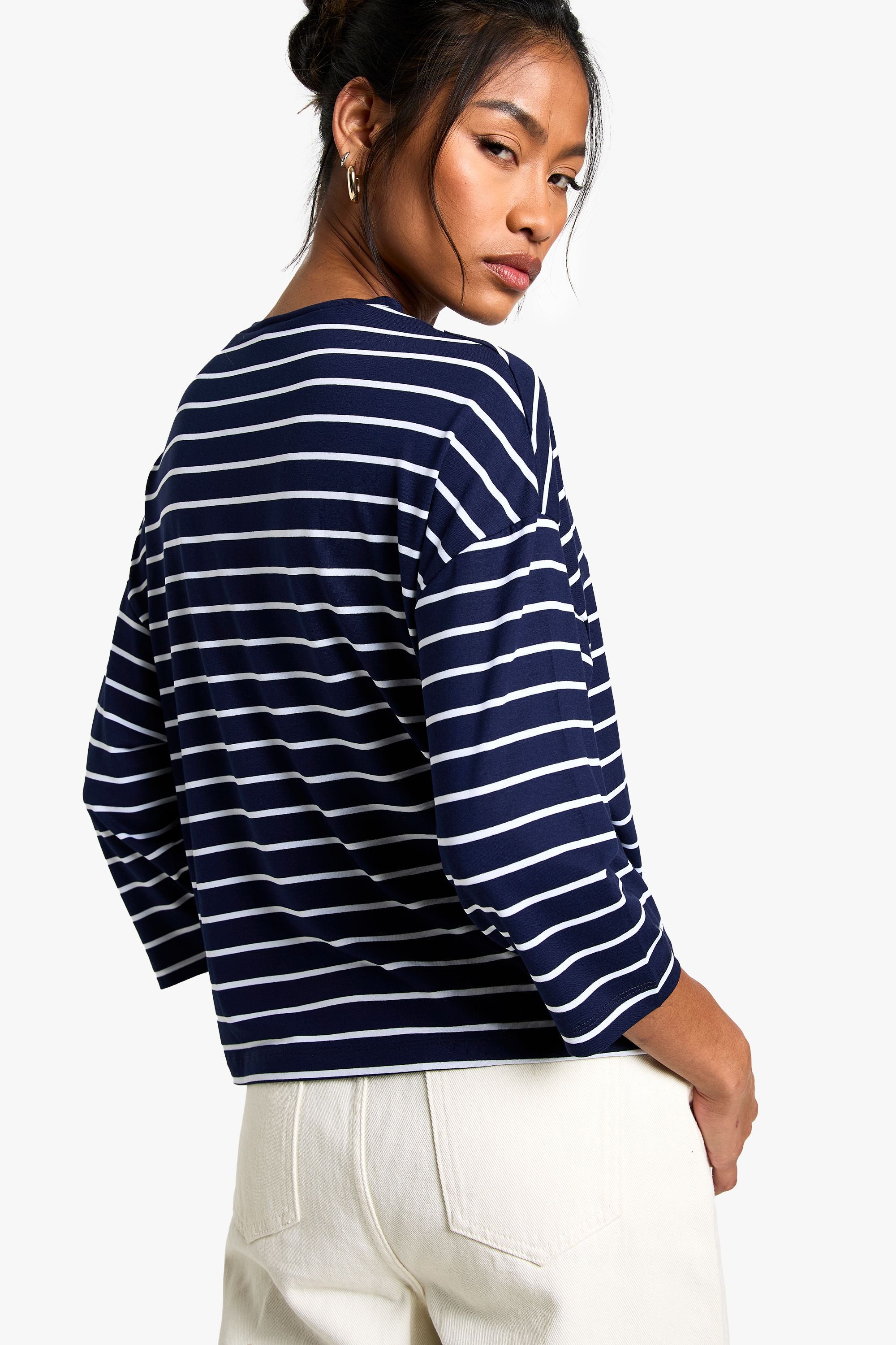 Stripe 3/4 Sleeve Crew Neck Top